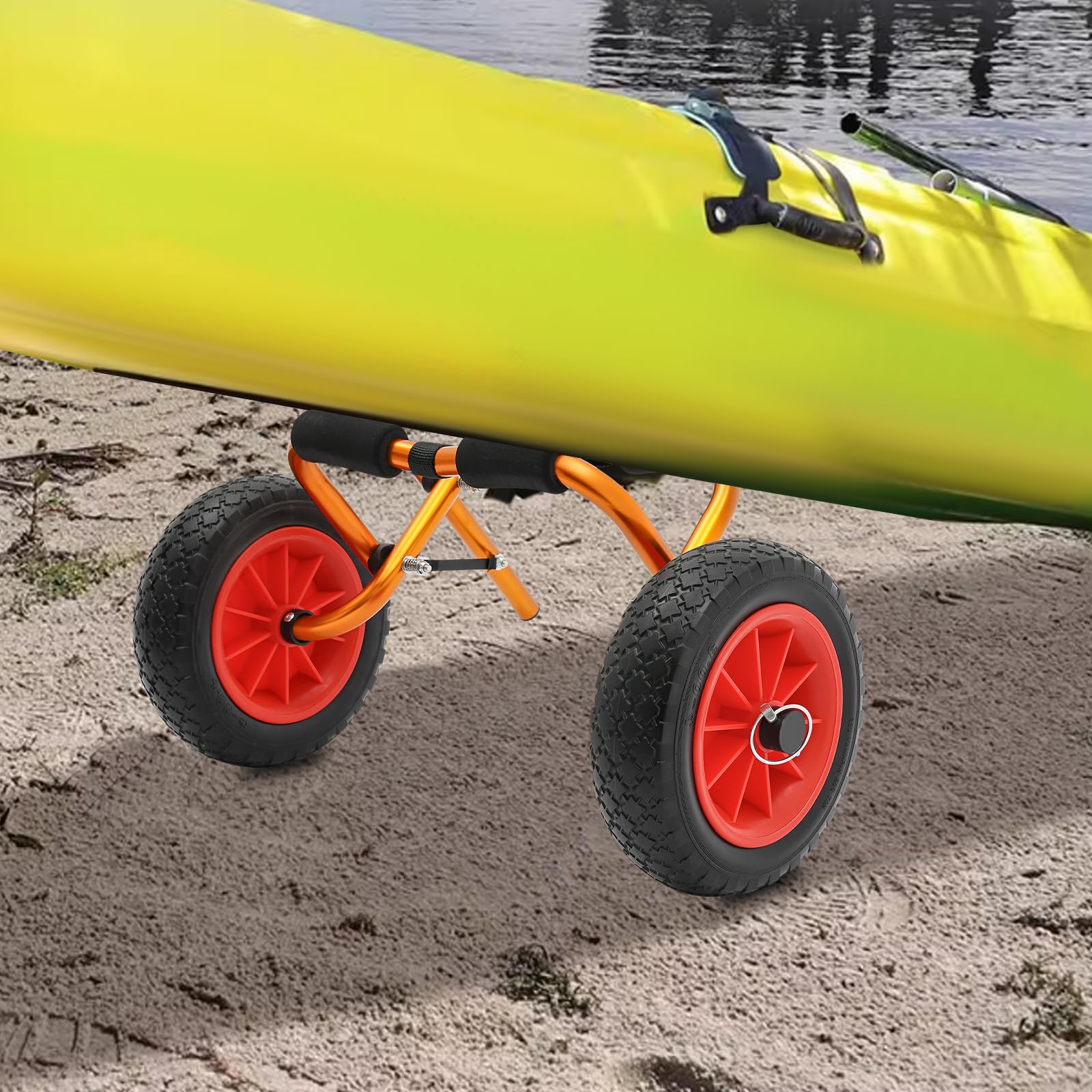 Składany wózek kajakowy z aluminium, wózek surfingowy z pełnymi gumowymi oponami i hamulcem, nośność 80 kg, do transportu kajaków, sportów wodnych, na plażę, kemping, kolor pomarańczowy, czarny