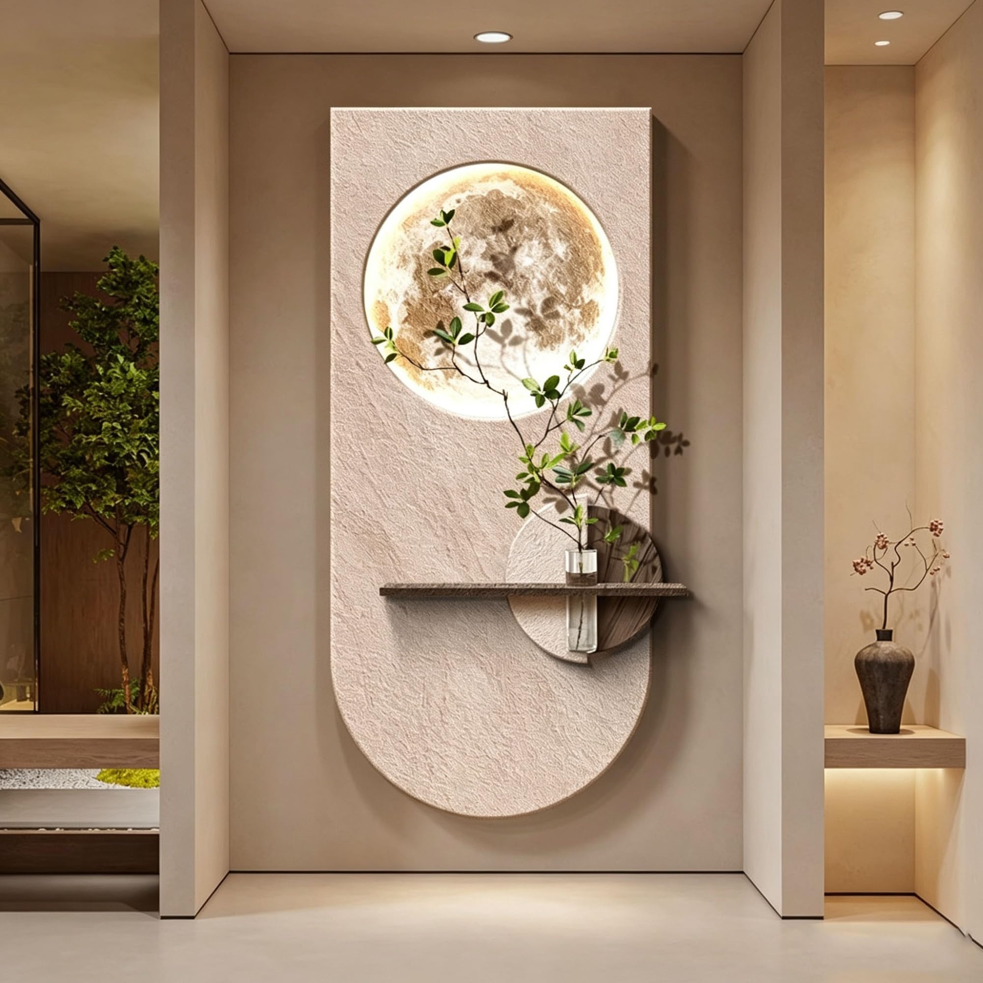 YDAECKRYVB Wandskulpturen 3d mit led,Moderne beleuchtetes wandbild,Wandbilder aus sandstein inkl vase und kunstpflanzen für wohnzimmer, eingang, flur,mondlampe