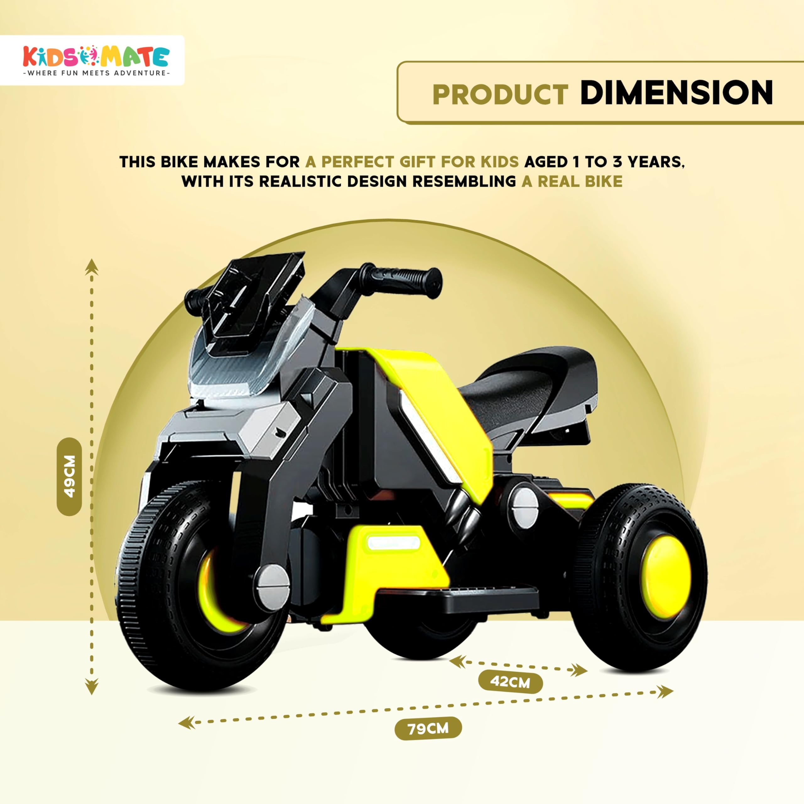 Kidsmate Hyrider 6V Electric Kids Bike with Rechargeable 6.5 Ah Battery Inbuilt Imported Motor Drive | Music Player, Front LED Light & Foot Accelerator Pedal Bike for Ages 1-4 Years (Parrot Green) - Image 8 thumbnail
