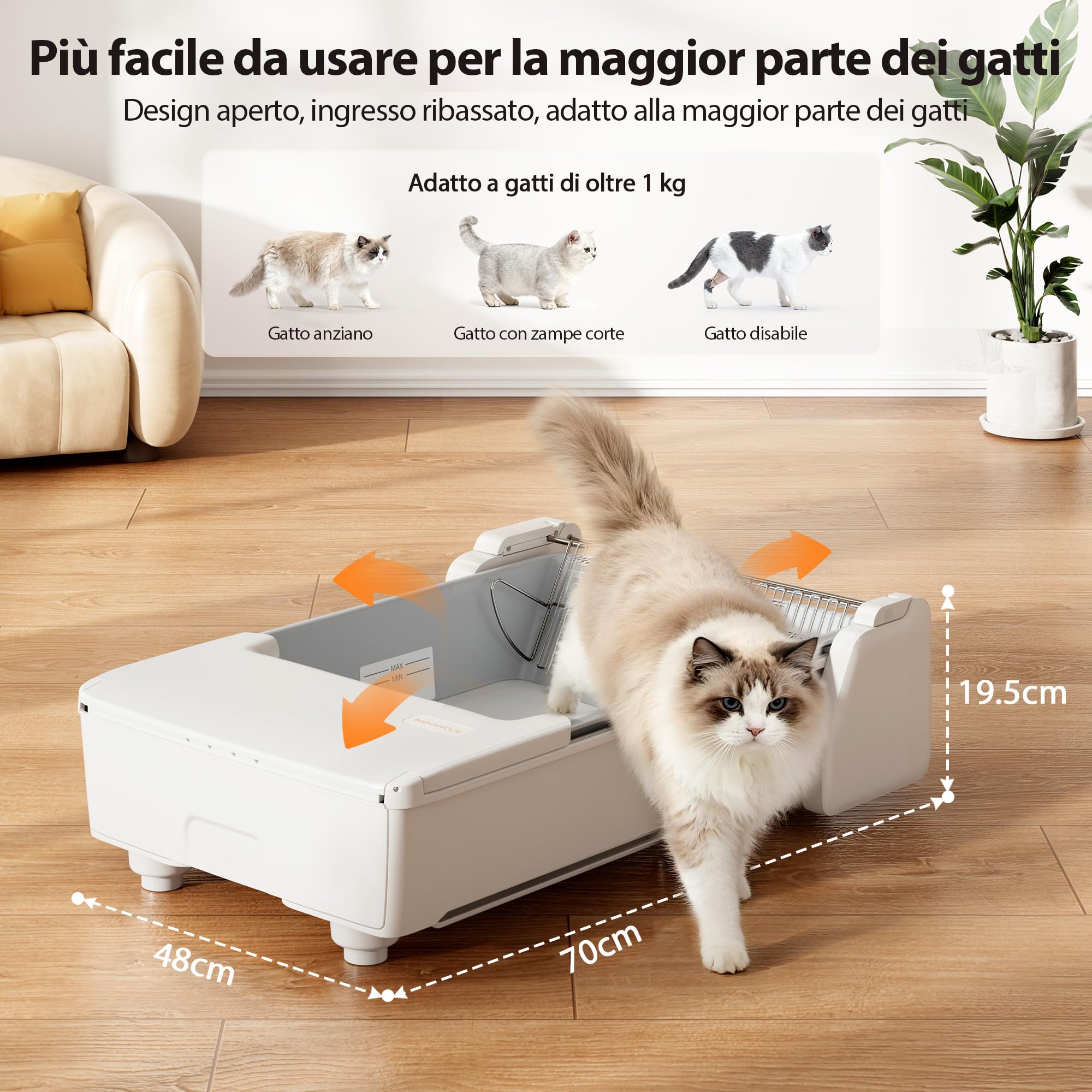 Meowant Lettiera Gatto Autopulente, Lettiera Automatica per Gatti Aperta con APP-Controllo/Anti-Odore/Sensore Sicurezza/Doppio Vano Raschiatura Bidirezionale per Multi Gatti (3-24lb)