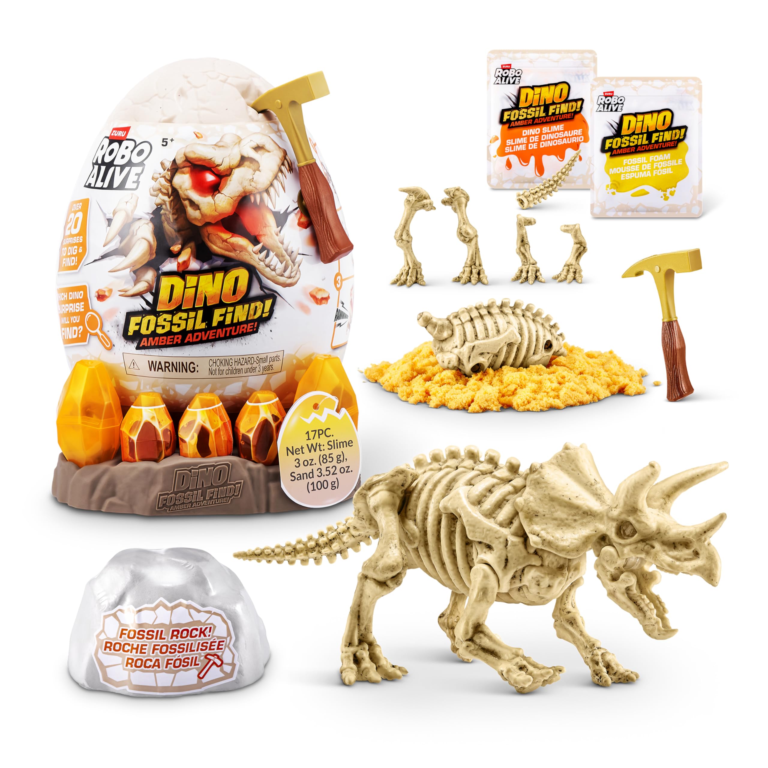 Robo Alive Fossil Find Amber Adventure (Triceratops) by ZURU, Surprise Unboxing and Dinosaur Toy for Boys