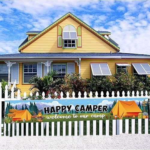 Miniatura 7 de Cartel de fondo de Happy Camper con 118.1 x 19.6 pulgadas, tela de poliéster de tamaño largo, letrero de telón de fondo para camping, suministros de