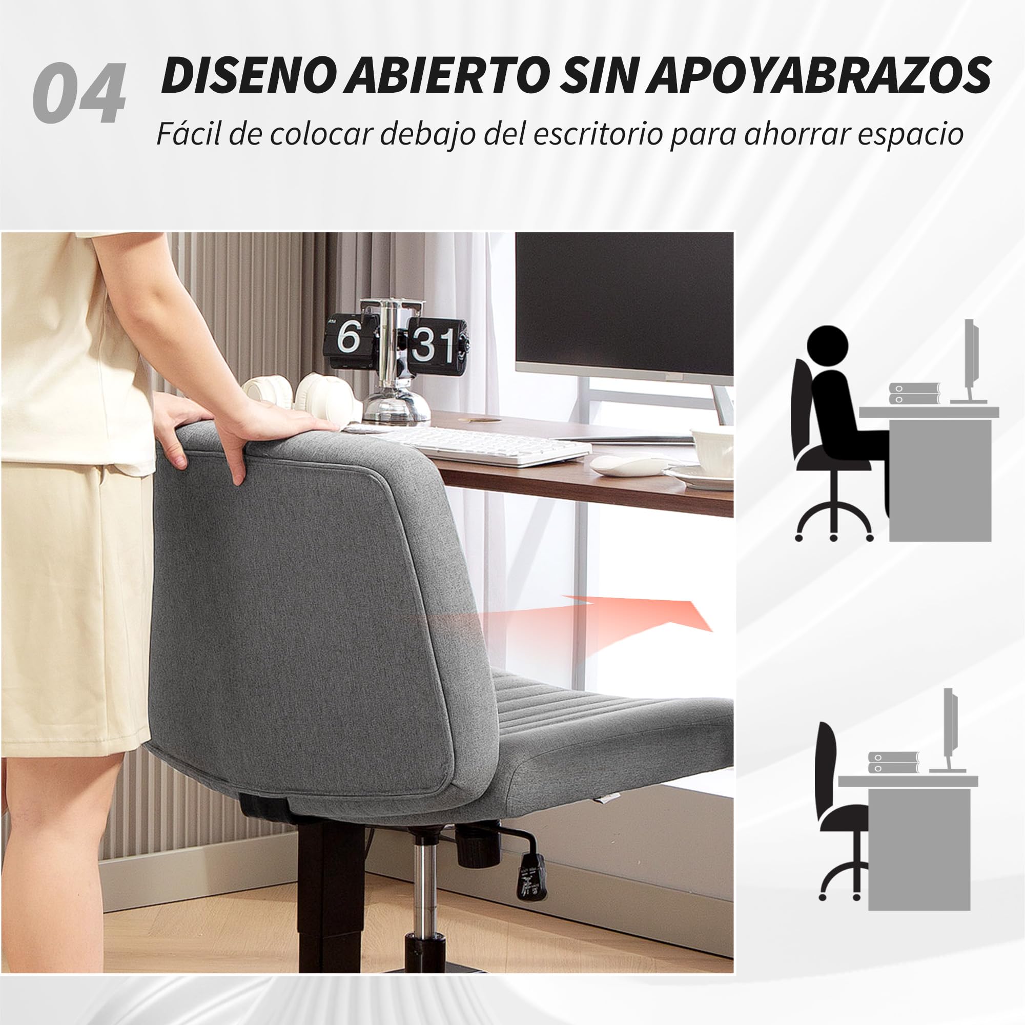 HOMCOM Silla de Oficina sin Brazos Giratoria sin Ruedas Basculante Gris | Silla de Escritorio Giratoria, Asiento Amplio y Cómodo, Piernas Cruzadas, Altura Regulable, para Sala de Estar y Dormitorio