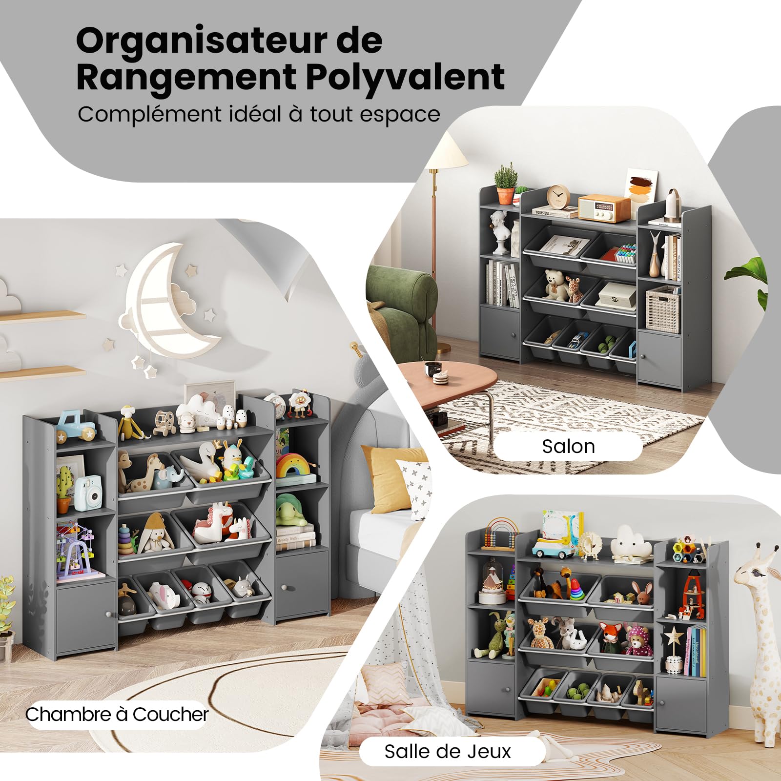 GOPLUS Meuble Rangement Jouets Enfant, Étagère à 4 Niveaux avec 6 Compartiments et 8 Bacs Amovibles, Bibliotheque Enfant pour Chambre Salon Salle de Jeu, 142x30x100cm (Gris)
