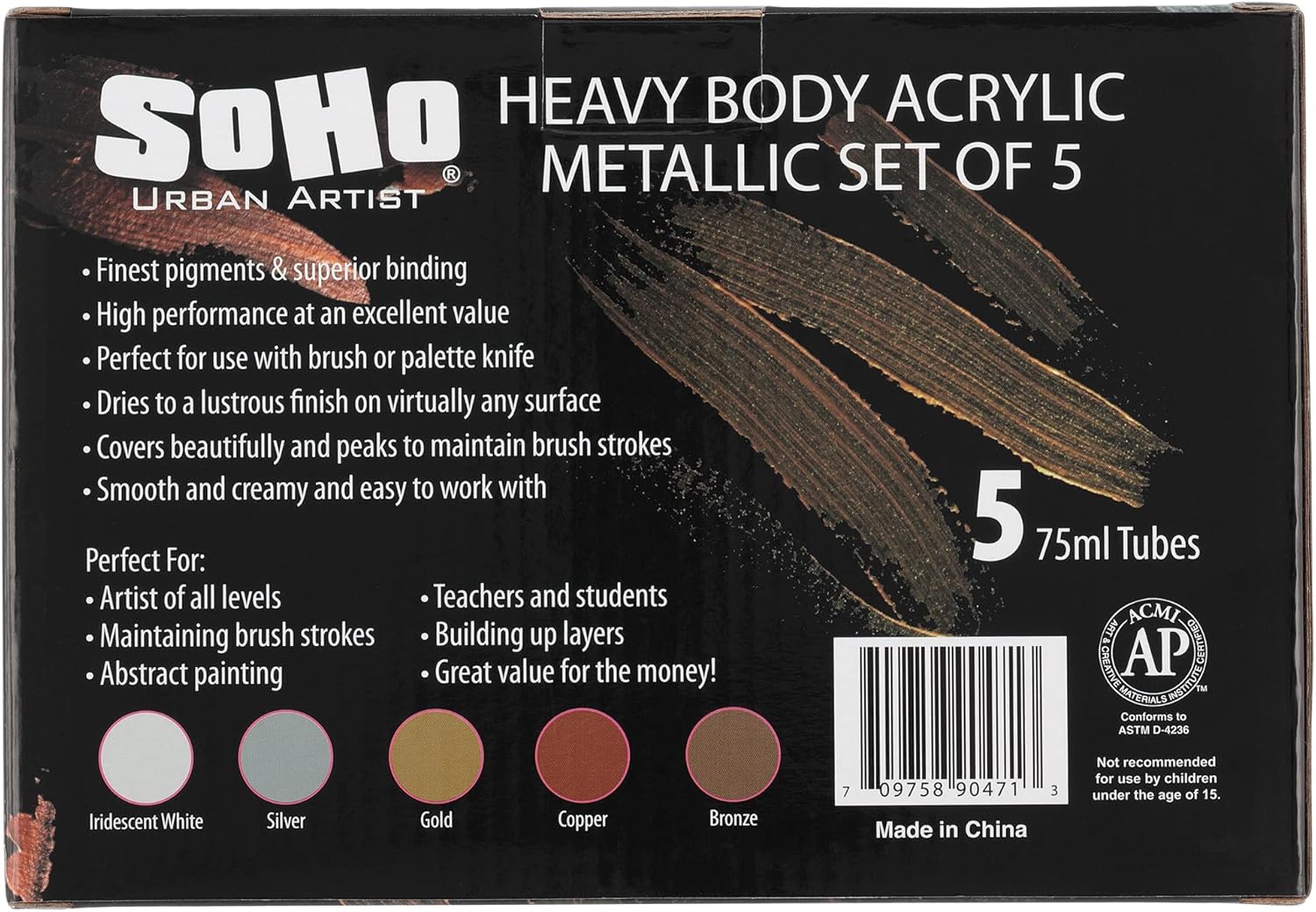 Soho Urban Artist Heavy Body Acrylic Paint - Set of 5-75mL - Metallic - Thick, Rich Color, Excellent Coverage, Professional Quality - Artists Acrylic Paint