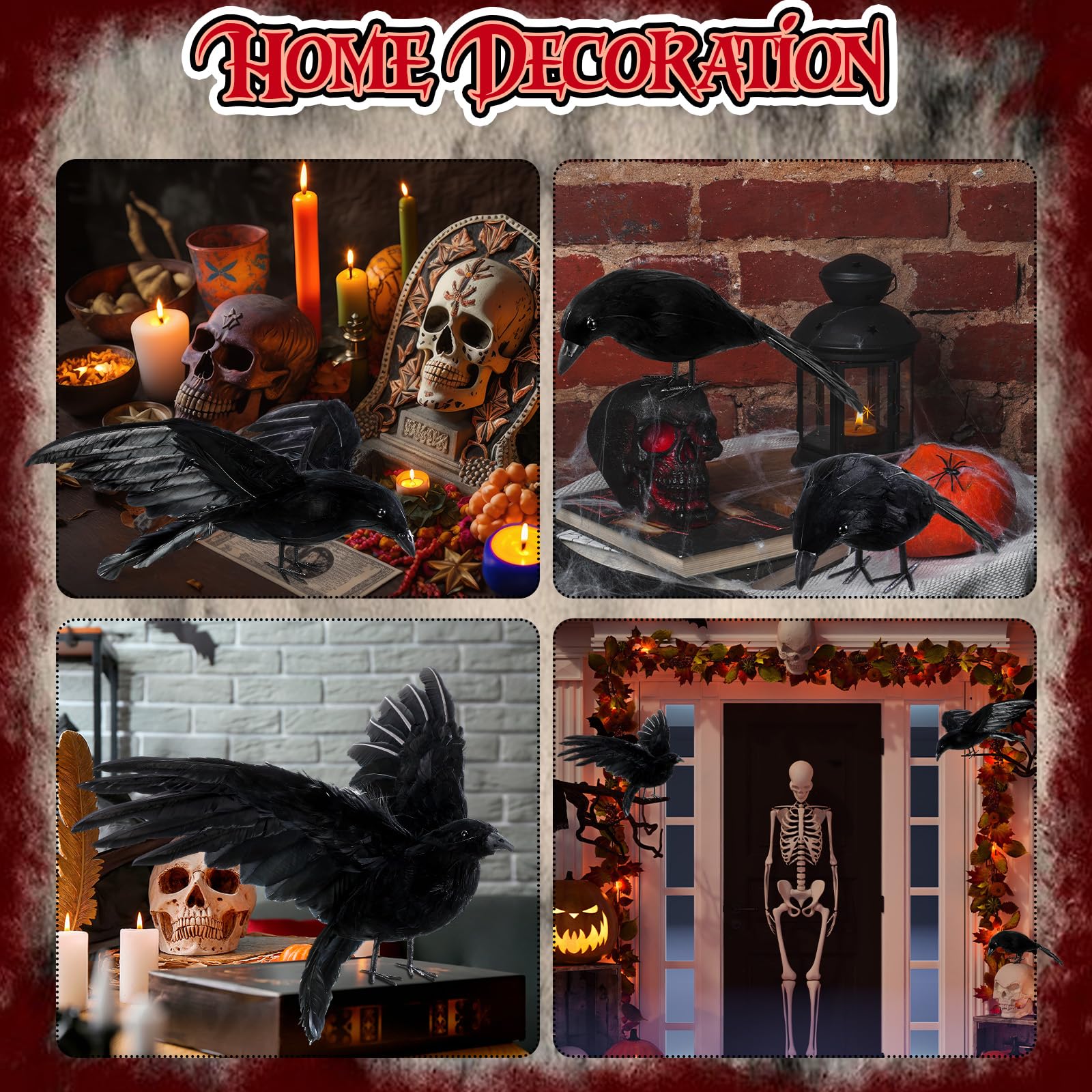 Meooeck 3 Pack Halloween Crow Decorations Realistic Handmade Crow and Ravens Black Feathered Crows for Indoor Outdoor Home Yard Garden Graveyard Halloween Party Decoration 3 Size