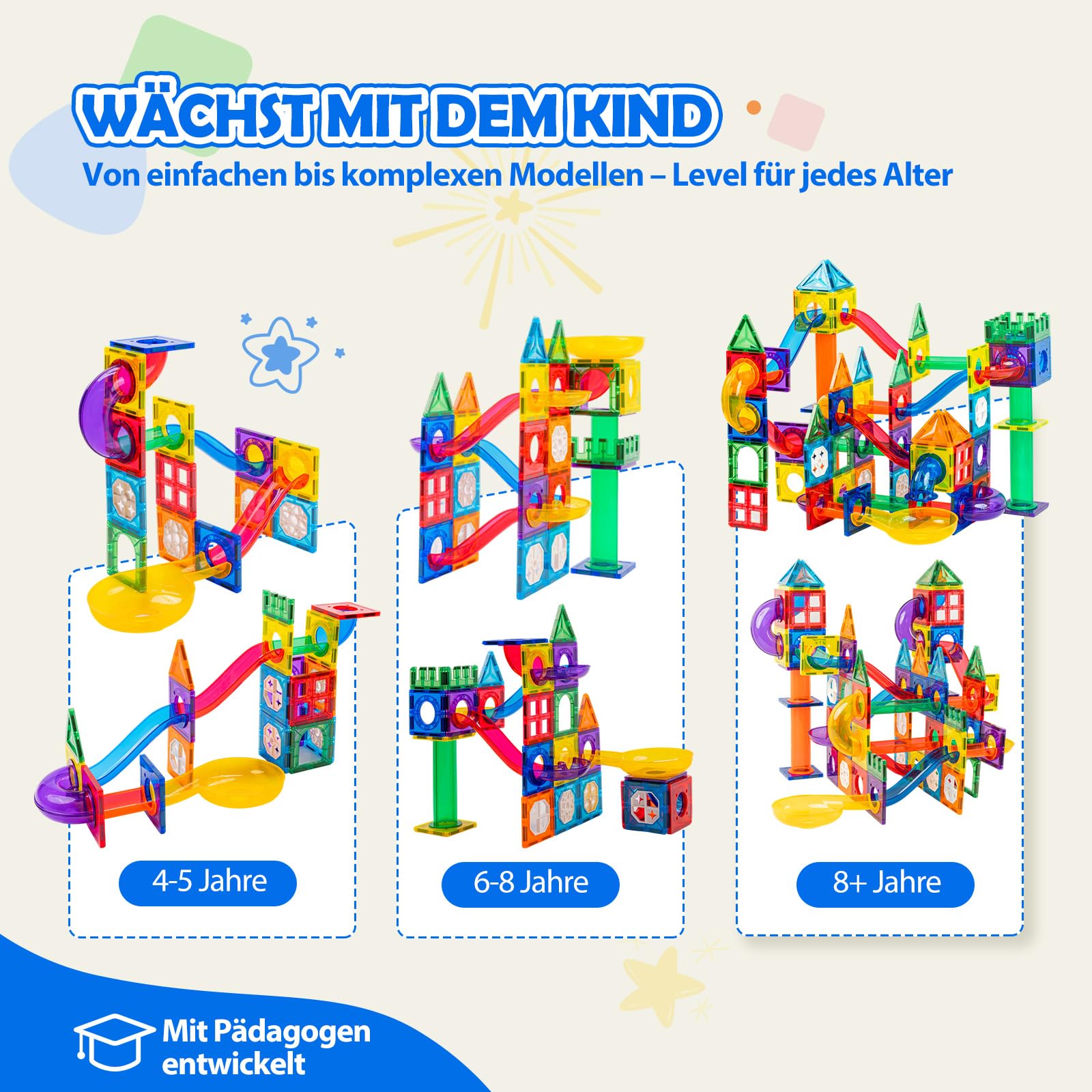 Magnetische Kugelbahn Erweiterungsset Regenbogen 125 Teile | 7,5 cm Standardgröße, 100% kompatibel mit gängigen Magnetbausteinen, Murmelbahnen für mehr Bauideen & Spielspaß