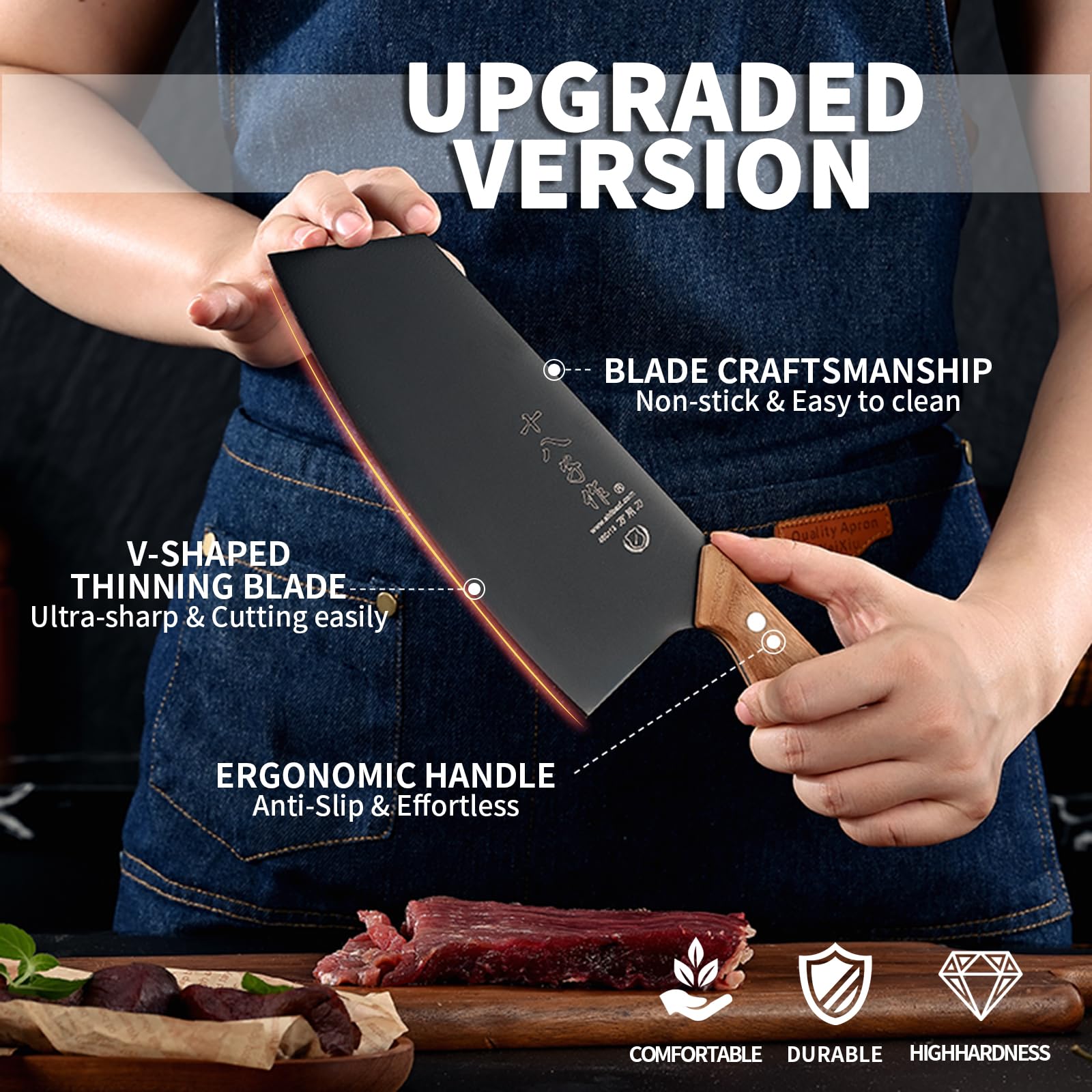 Coltello Chef da Cucina con Lama Nera e Maniglia in Legno Ergonomica