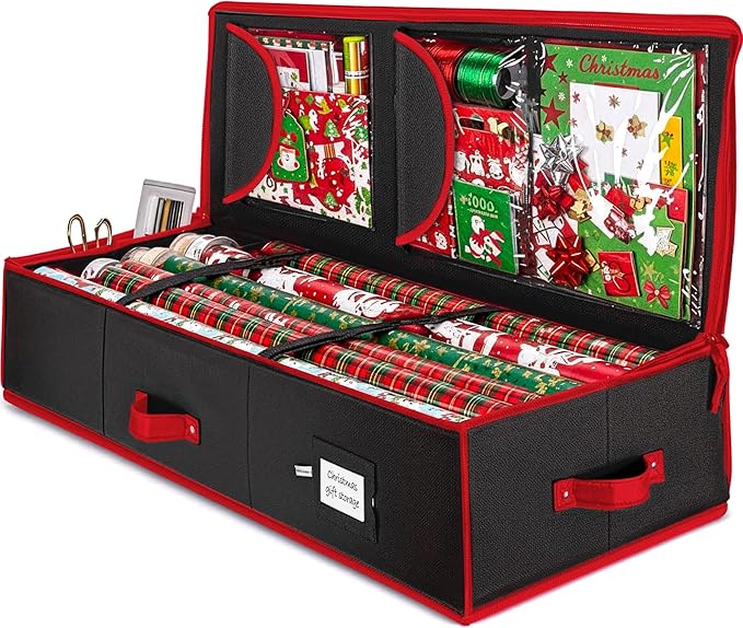 ZOBER Gift Wrapping Paper Organizer Storage - 40" Gift Wrap Storage Containers with Interior Pockets for Bows, Tags & Ribbons - Wrapping Paper Holder, 600D Oxford, Fits 24 Standard Rolls, Black/White