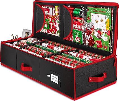 ZOBER Wrapping Paper Storage, Gift Wrapping Organizer Storage, Black/Red | 600D Oxford, 40 in gift wrap storage, christmas wrapping paper storage, fits 24 rolls, pockets for bows, tags and ribbons