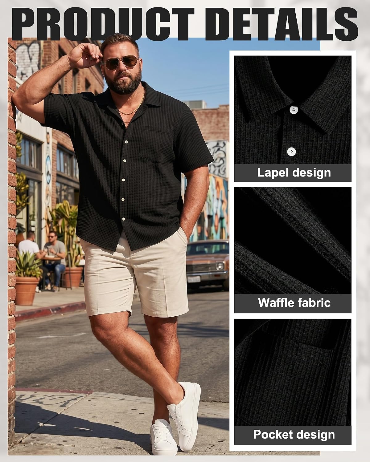 Cutecrop Big and Tall Men Button Down Shirt 2026 Summer Casual Short Sleeve Waffle Knit Shirt Vacation Dressy Top with Pocket