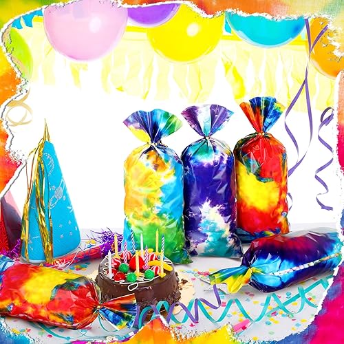 Miniatura 3 de Eaasty 120 bolsas de regalo de fiesta de teñido anudado con temática de teñido anudado, bolsa de plástico para dulces con 150 lazos dorados