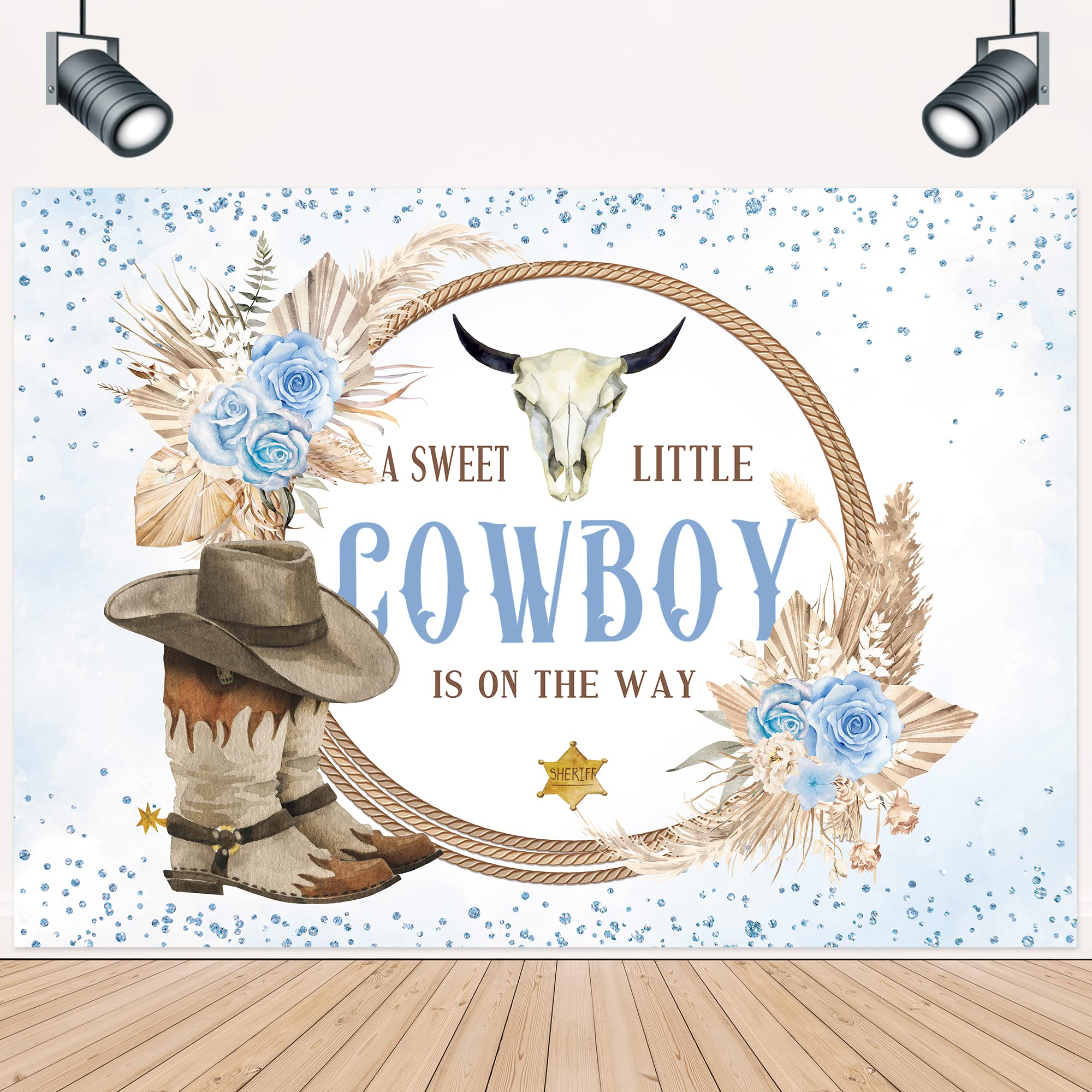 LIGHTINHOMECowboy Baby Shower Backdrop 5Wx3H Feet for Western Boho Blue Pampas Floral Rose Wild West Hat Boots Plant Diamond Kids Boy Photography Background Decorations Photo Booth Studio Prop Fabric
