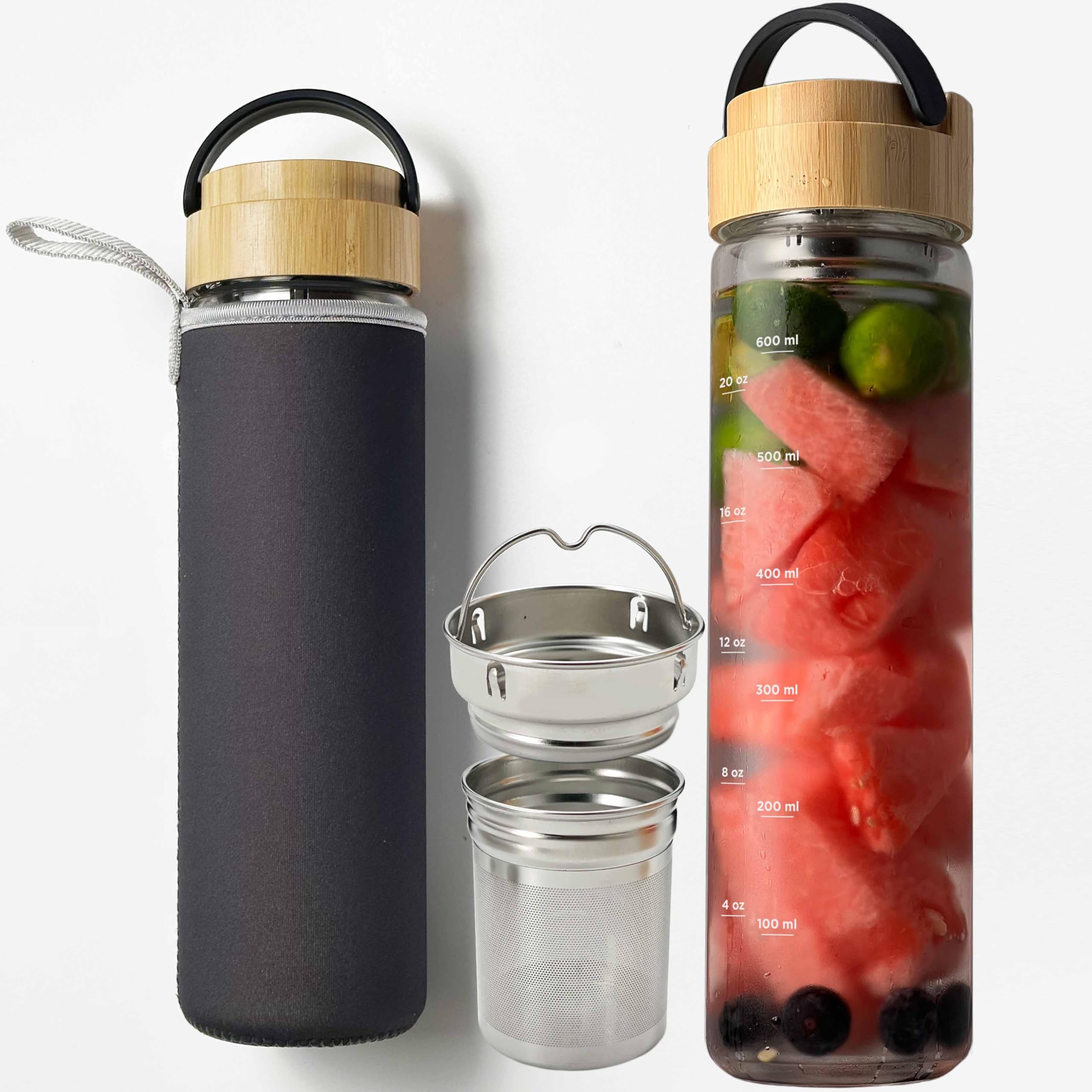 23oz Borosilicate Glass Water Bottle with Bamboo Lid and Neoprene Sleeve - Glass Sports Water Bottle for Drinking