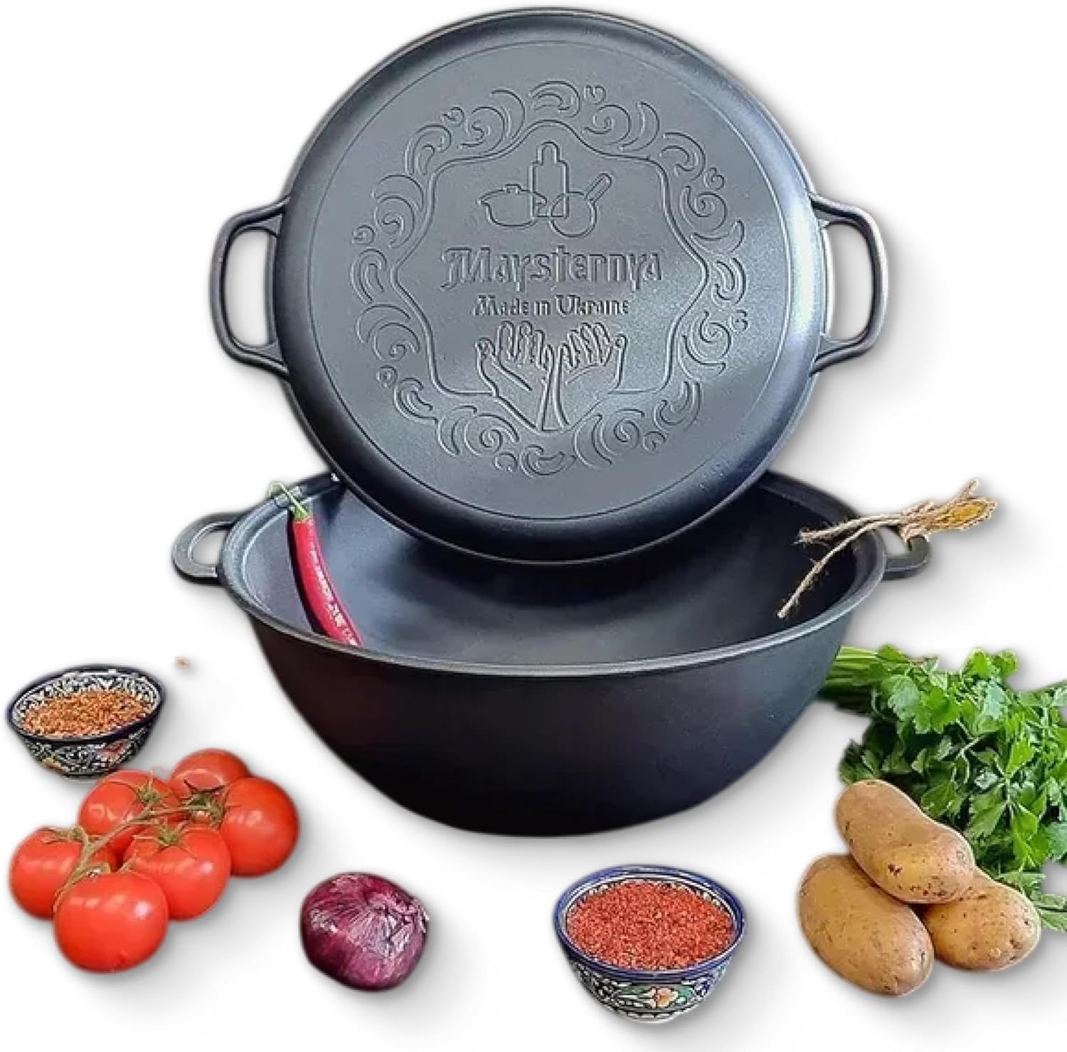 Dutch Oven Pot with Grill Lid (12.5 Quarts (12 L) Frying Pan Lid) – Maysternya Cast Iron Cookware Set – Camping Dutch Oven - Uzbek Kazan – Premium Camping Cookware – 2 in 1 Frying Pan + Cauldron