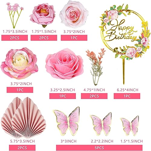 Miniatura 2 de 17 piezas de adornos de pastel de flores bohemios decoraciones de pastel de mariposa con rosas artificiales claras eucalipto y mariposas para fiesta