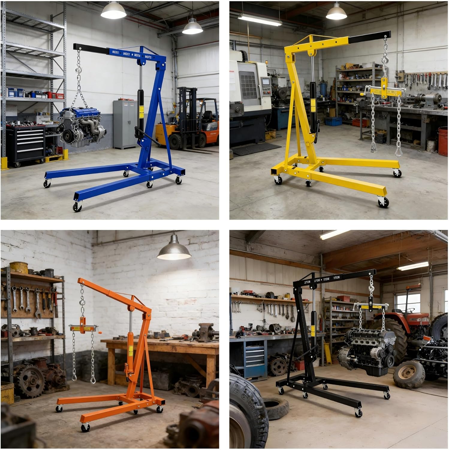 Garvee 2 Ton Engine Hoist with Leveler, 4400 Lbs Folding Hydraulic Cherry Picker, Heavy-Duty Shop Crane with 6 Caster Wheels, 4 Adjustable Boom Positions, for Warehouse, Garage and Workshop, Yellow