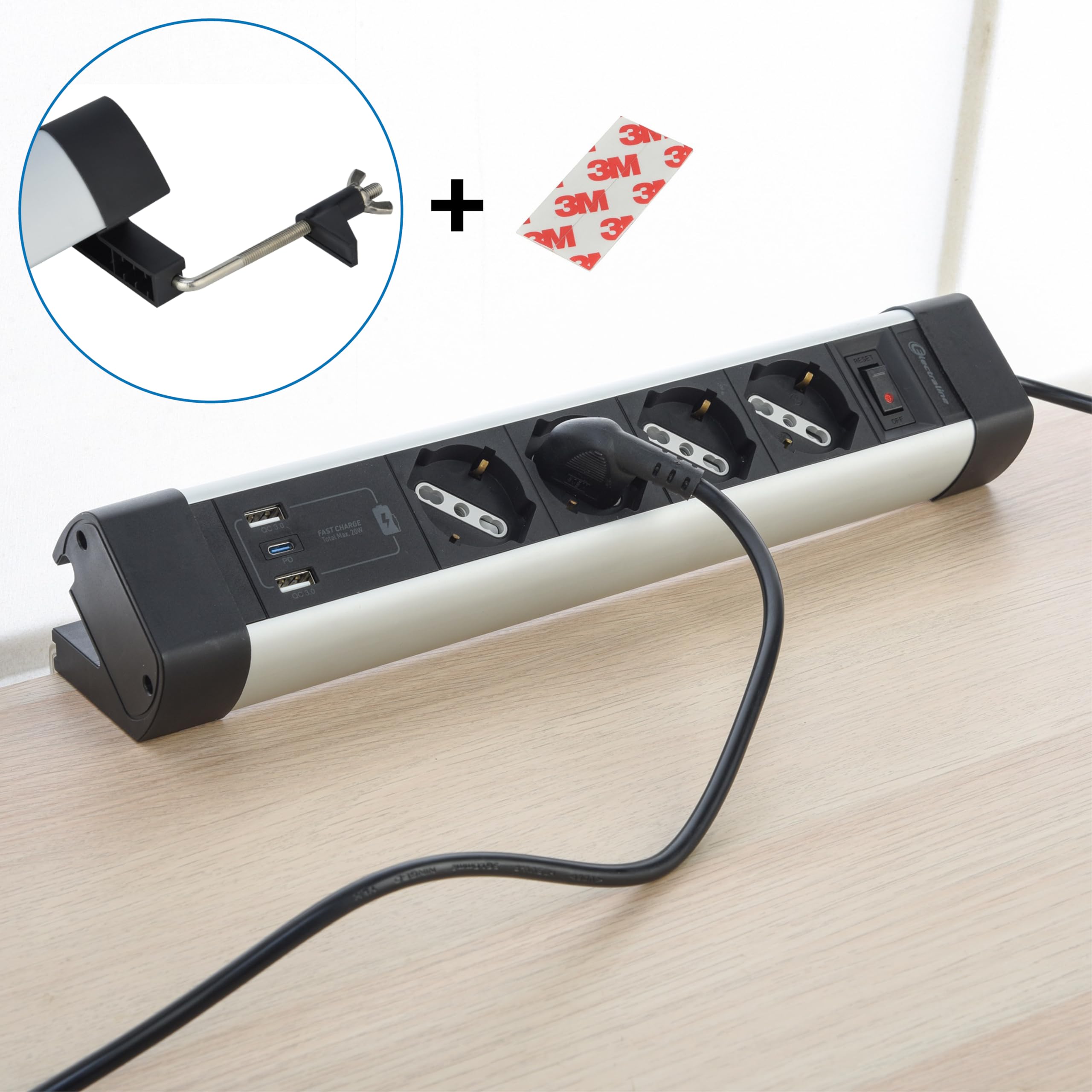 Electraline 61918 Multipresa Scrivania 4 Posti Polivalenti, Schuko + 10/16 A, con 3 USB (2 USB A 3.0A + 1 USB C 20W Power Delivery), Cavo H05VV-F 3G.1 lunghezza 2M, protezione contro sovratensioni