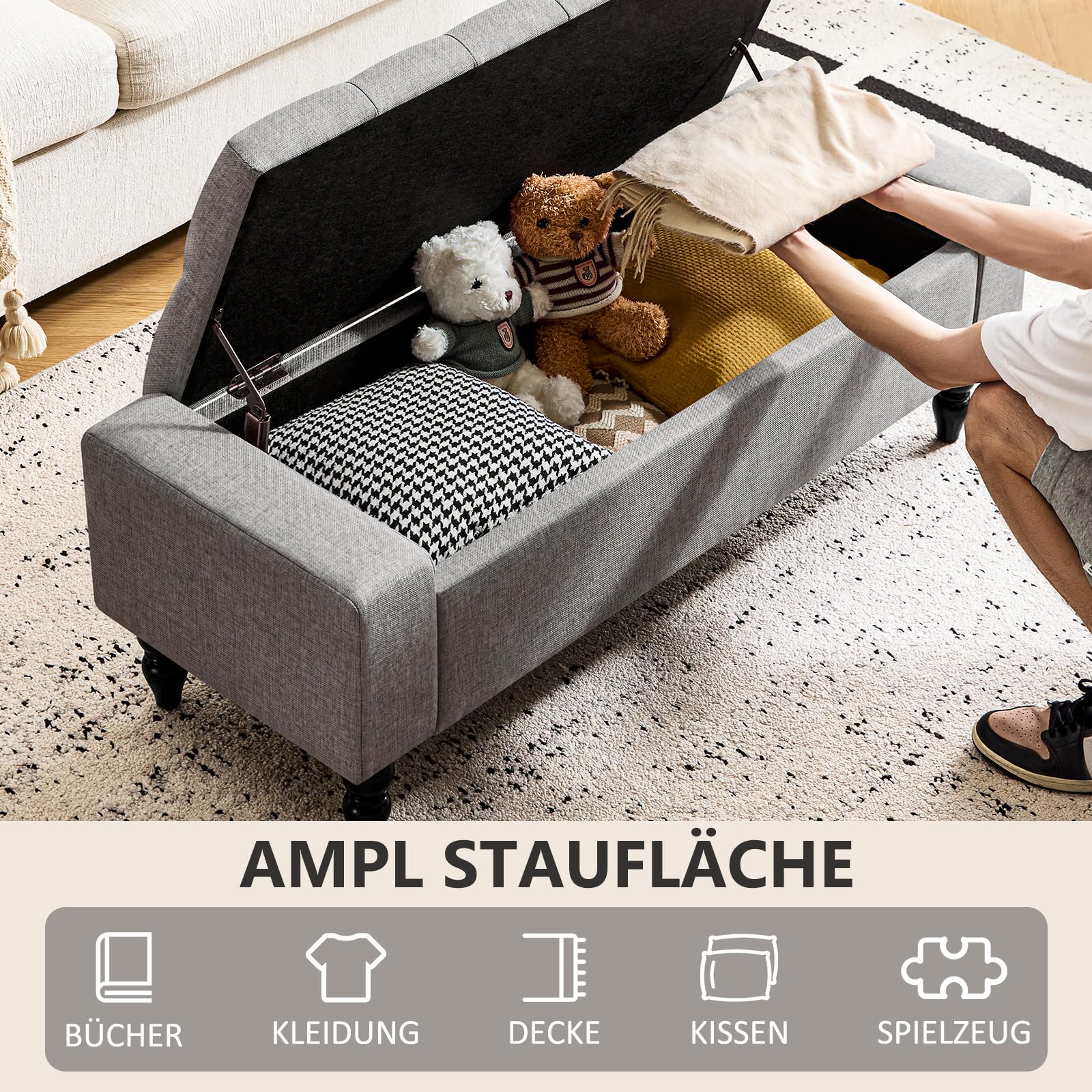 Hellove Sitzbank mit Stauraum & Polster – Multifunktionale Aufbewahrungsbank als Truhenbank, Sitzhocker & Ottomane für Wohnzimmer, Flur, Schlafzimmer, stilvolle Sitzbank mit großem Staufach, Grau