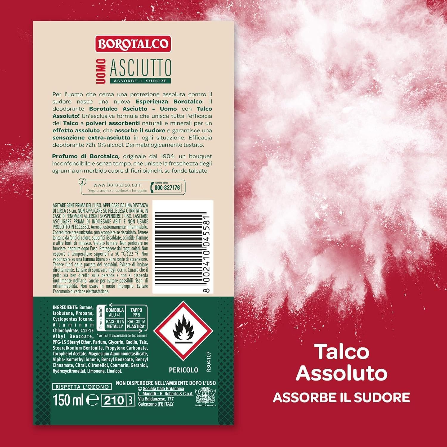 Borotalco, Deodorante Uomo Spray Asciutto Originale, con Talco Assoluto, Assorbe il Sudore, Senza Alcool, Profumo Borotalco, 72h efficacia - 4 Pezzi da 150 ml - Esclusiva Amazon