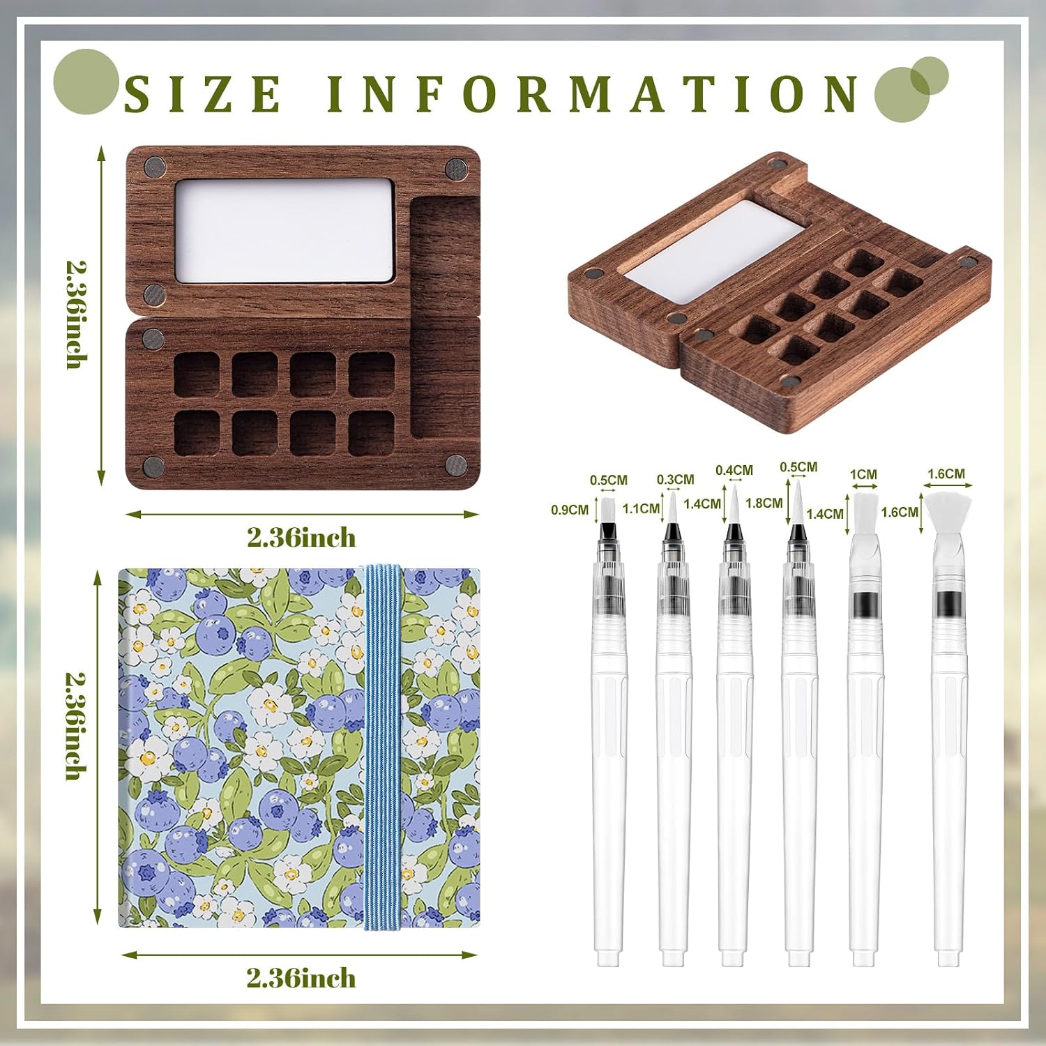 Qilery Mini Portable Watercolor Palette Set Wooden Grid Paint Box Watercolor Paper Sketch Book Brush Pens with Binder Clip for Painters Artist Not Include Paint(Blueberry)