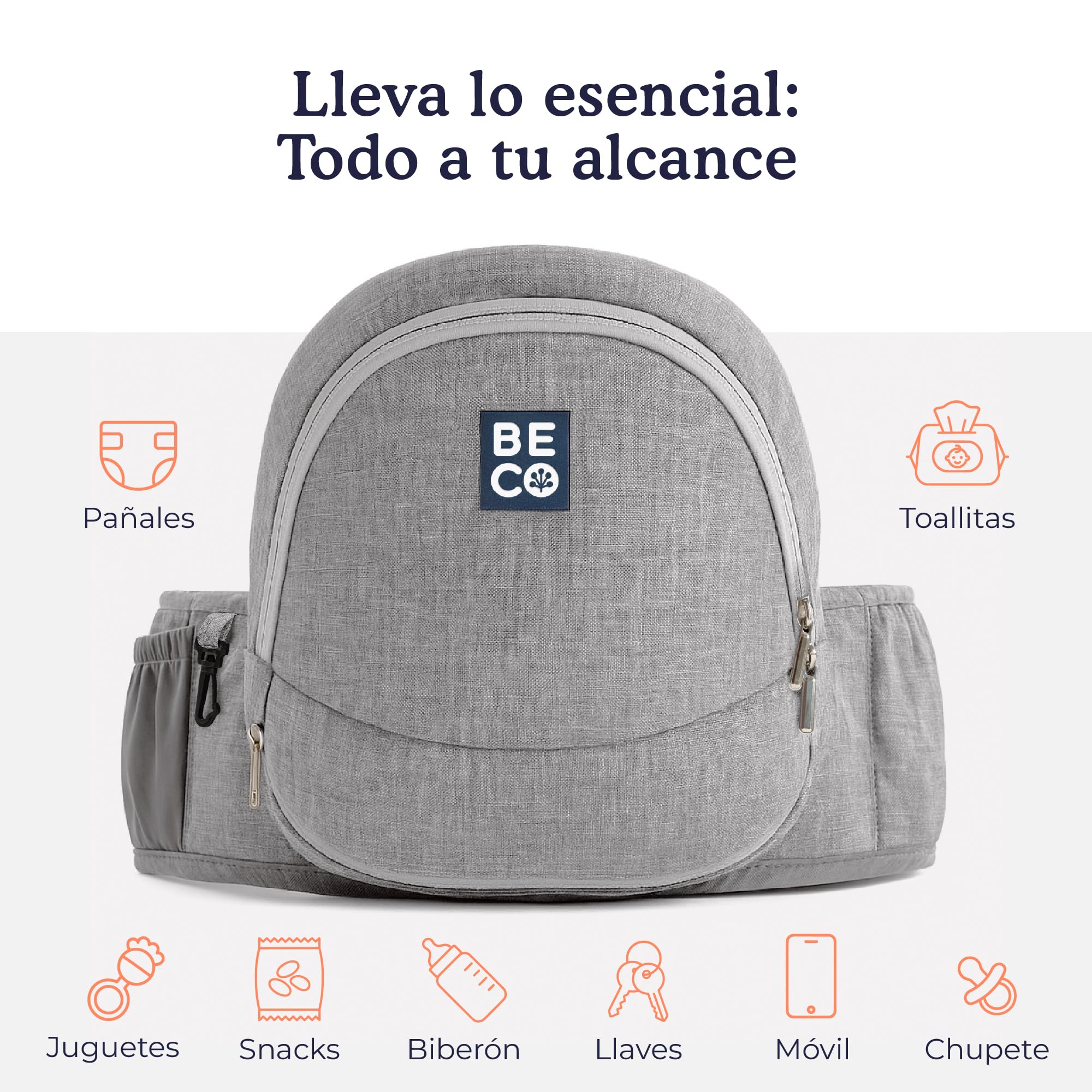 Beco Portabebés Asiento de Cadera Plegable, 4 en 1, 0-36 Meses, Gris | Se pliega plano en la bolsa de pañales, Asiento que alivia brazos y espalda, se adapta fácilmente de 0 a 36 meses.