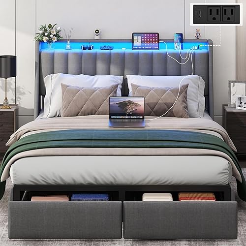Base de cama tamaño Queen con 2 cajones de almacenamiento, base de cama con plataforma tamaño Queen con luz LED, cabecera tapizada, estación de