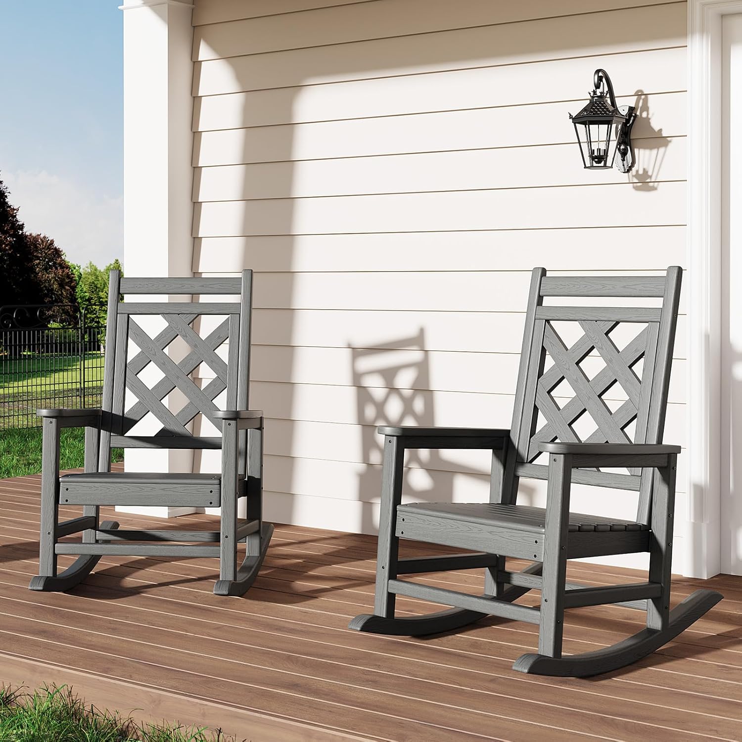 GarveeLife Outdoor Rocking Chair Set of 2, HDPE Weather Resistant Patio Rocking Chair Porch Rocker with Wood Texture &amp; 380 LBS Support for Deck, Pool, Backyard, Gray