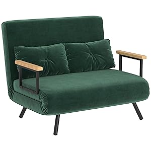 HOMCOM Sofá Cama de 2 Plazas 4 en 1 Sofá Cama Plegable Tapizado en Terciopelo con Respaldo Ajustable de 5 Niveles y Almohadas Acolchadas para Oficina Dormitorio Salón 102x73x81 cm Verde