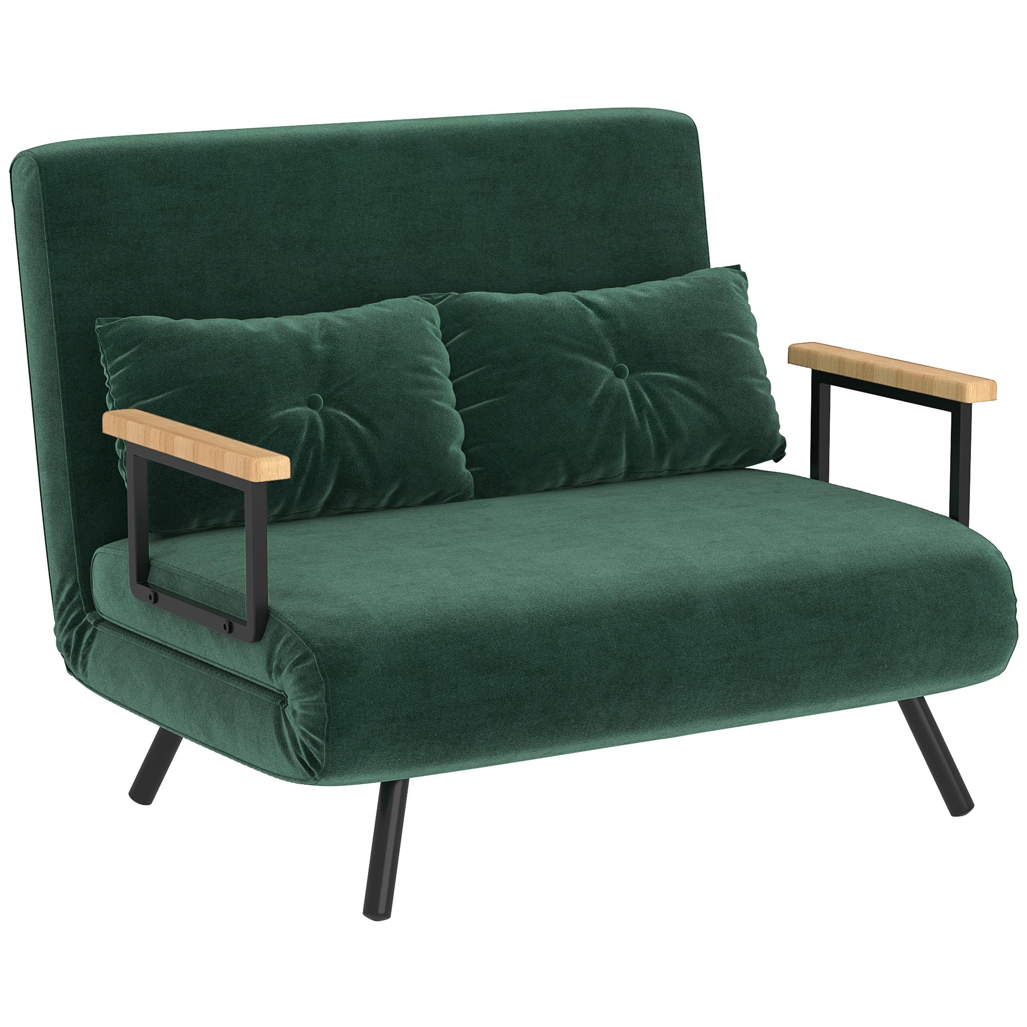 HOMCOM Sofá Cama de 2 Plazas 4 en 1, Sofá Cama Plegable Tapizado en Terciopelo con Respaldo Ajustable de 5 Niveles y Almohadas Acolchadas, para Oficina, Dormitorio, Salón, 102x73x81 cm, Verde
