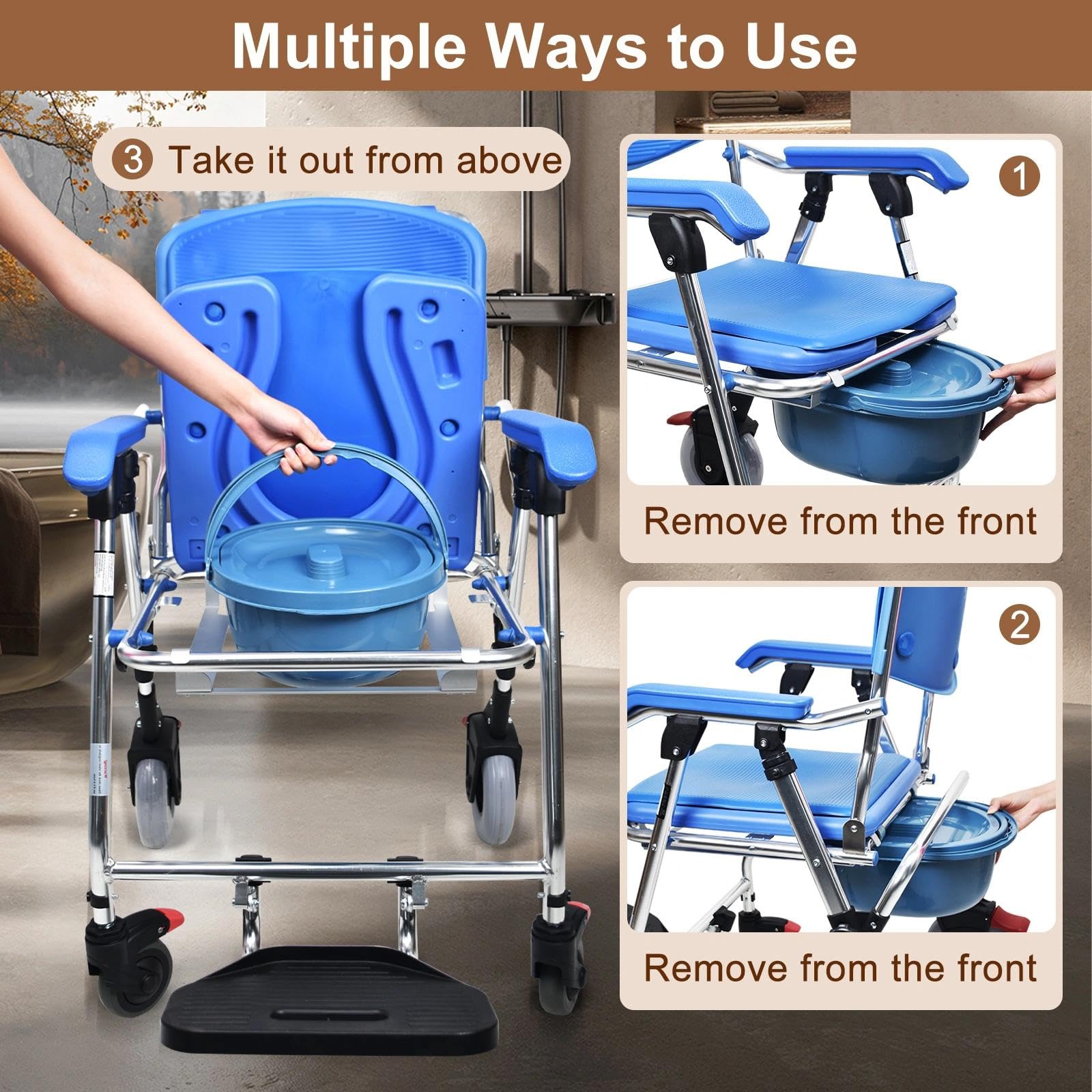 Sedia Comoda WC per Anziani con Rotelle, 3-in-1 Sedia a Rotelle Pieghevole per Anziani con WC, 150kg Blu Sedia Doccia Disabili con Ruote e Morbido Cuscino