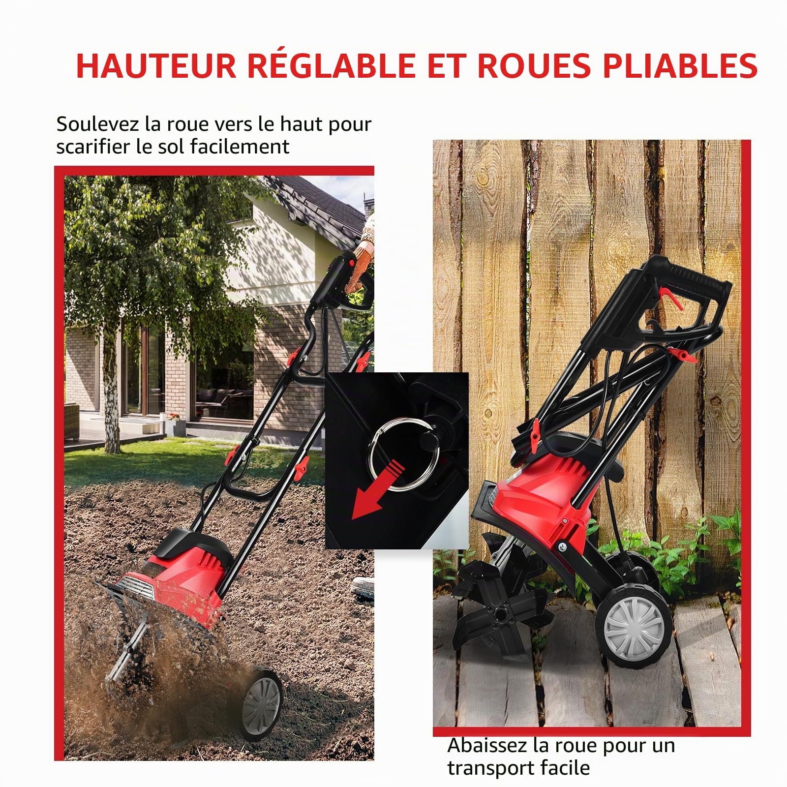 SOARS Motobineuse Electrique Pliable 1200W, Largeur de Travail 36 cm, Profondeur de Travail 22 cm, 4 Fraises, Motoculteur avec Interrupteur de Sécurité (Rouge, 36 x 40 cm, avec Roues, Premium)