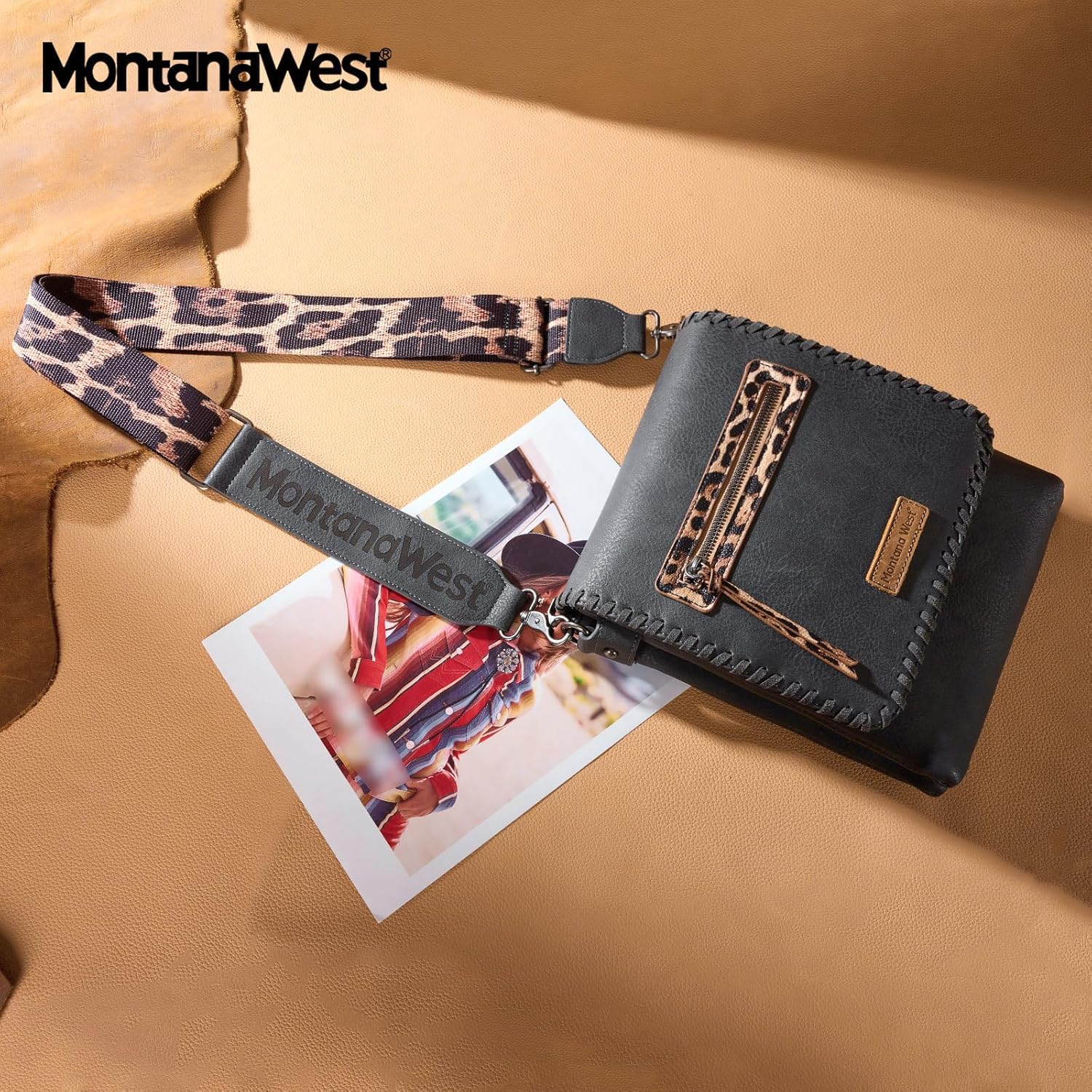 Montana West Crossbody Bags for Women with Dual Compartments Western Cross Body Purse with Leopard Print Guitar Strap