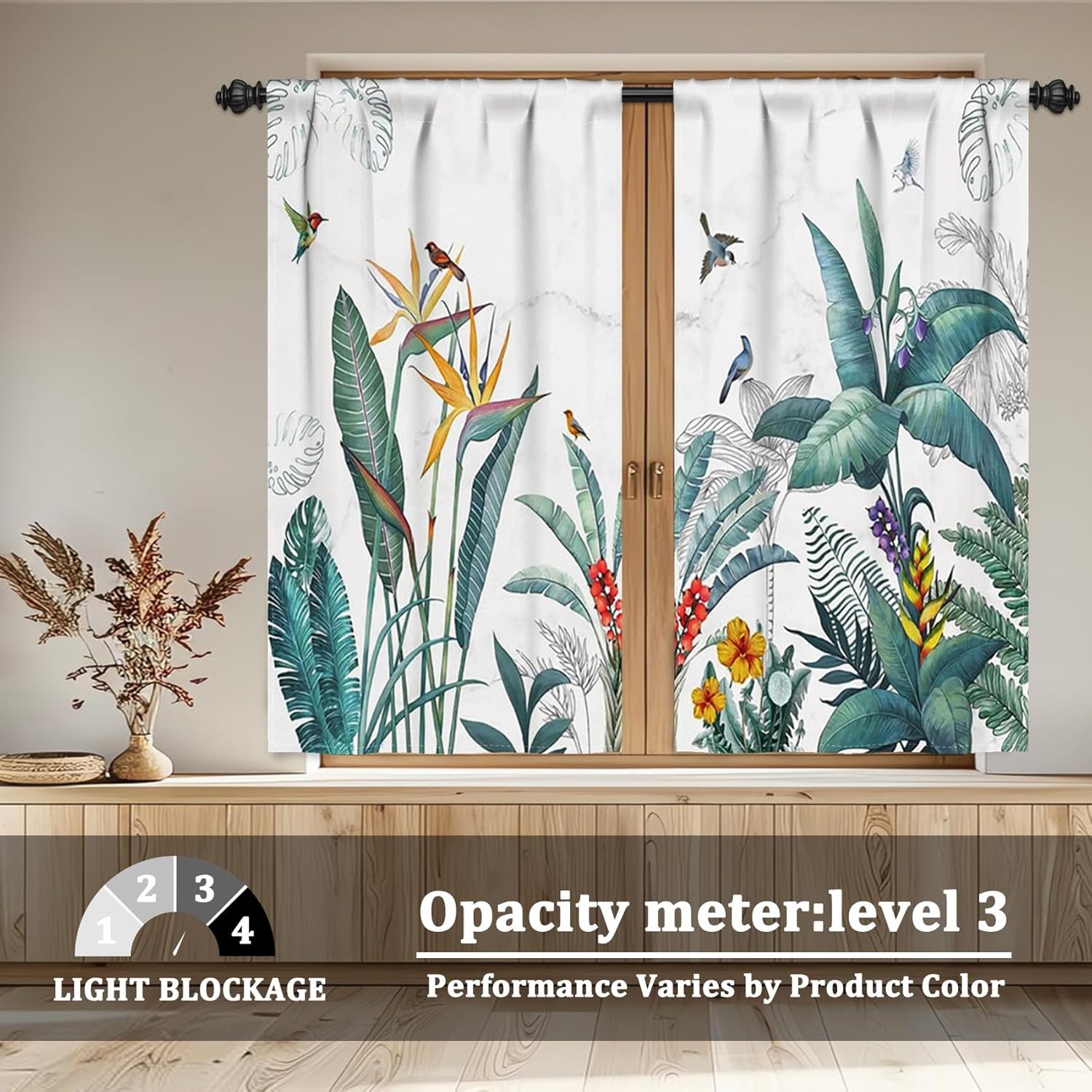 Renaiss 26 x 45 Inch Tropical Plants Kitchen Window Curtains Over Sink Rainforest Palm Trees Flowers Birds Small Window Treatment Curtains Linen Cafe Short Curtains for Bathroom Tier Drapes 2 Panels
