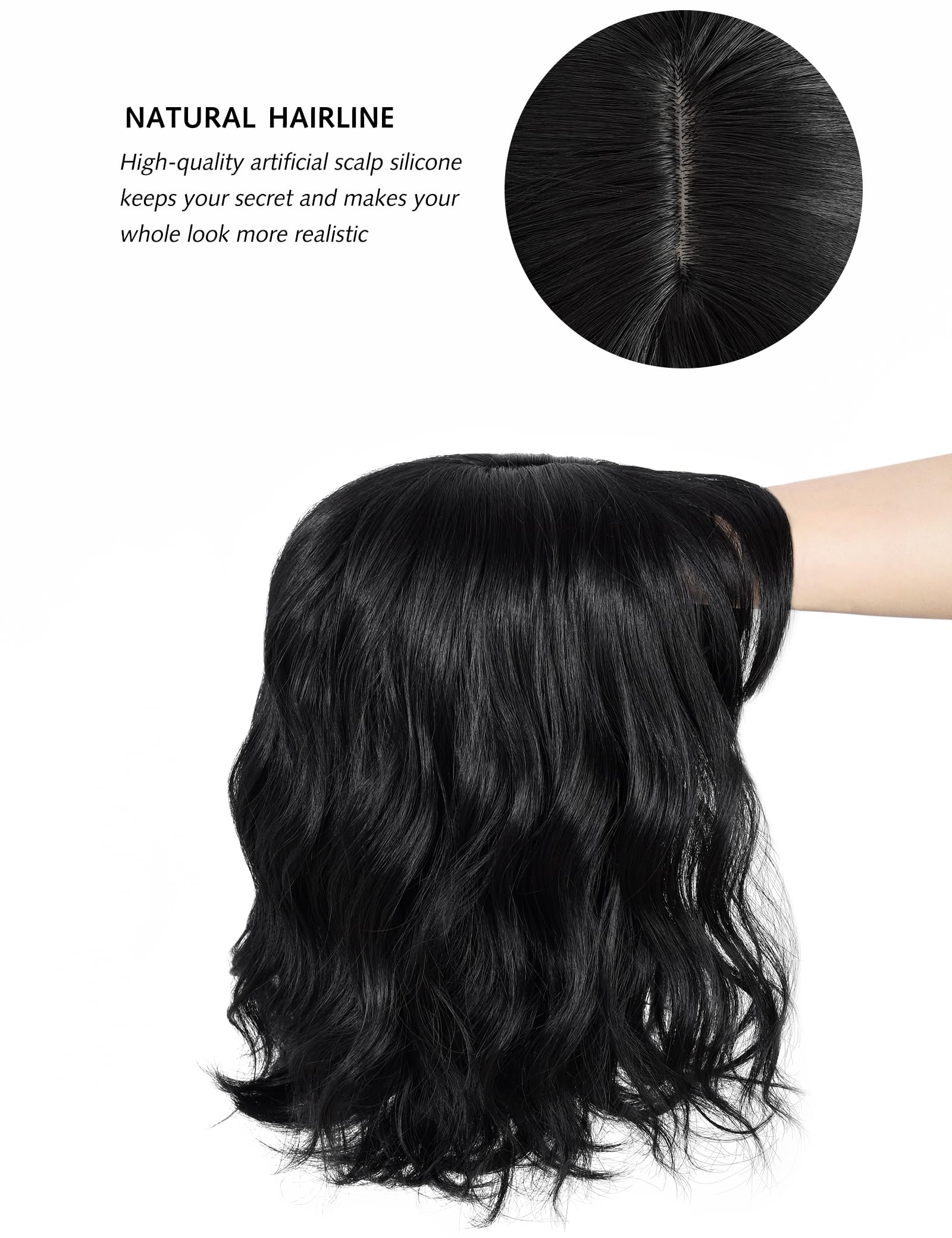BUYOGET Wavy Bob Wig with Bangs Synthetic Hair Shoulder Length 12 Inch Short Curly Wigs for Women Natural Black - Image 4