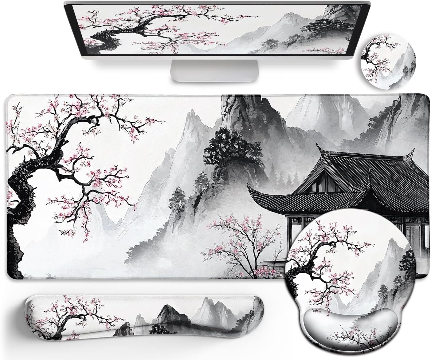 Japanese Ergonomic Mouse Pad Large Desk Mat Set, XXL Anime Mousepad with Wrist Rest, Wrist Support Gaming Keyboard Mat Cup Coaster Set, Japanese Style Office Desk Accessories Decor