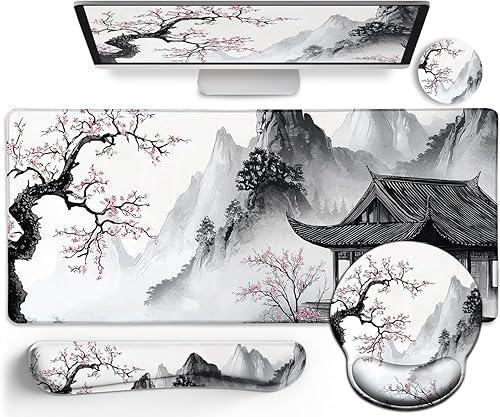 Juego de alfombrillas ergonómicas estilo japonés, incluye alfombrilla para mouse de anime XXL con reposamuñecas, soporte para teclado y posavasos,