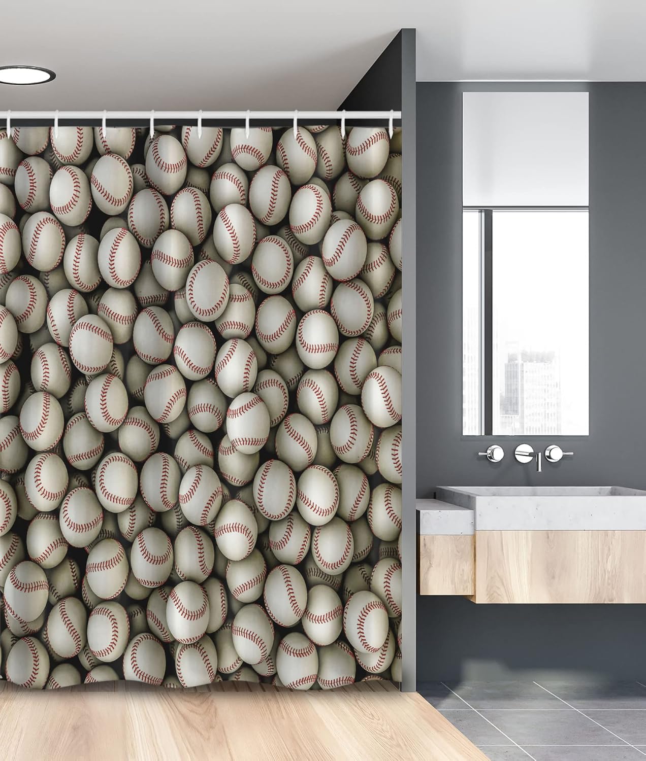 Ambesonne Sports Stall Shower Curtain, Realistic Softballs Pile American Natonal Sports Culture Team Play Game Competition, Fabric Bathroom Decor Set with Hooks, 54" W X 78" L, Beige Red