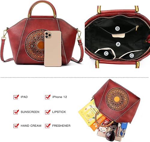 Miniatura 8 de Bolsos de cuero genuino para mujer, organizador retro de cuero de curtido vegetal, bolso de hombro de tótem en relieve vintage