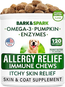 BARK&SPARK Dog Allergy Relief Soft Chews for Skin Health & Seasonal Allergies - Anti-Itch Supplement w/Omega-3, Quercetin & Bromelain Immune Treats for Dry Skin & Hot Spots - Peanut Butter - 120ct