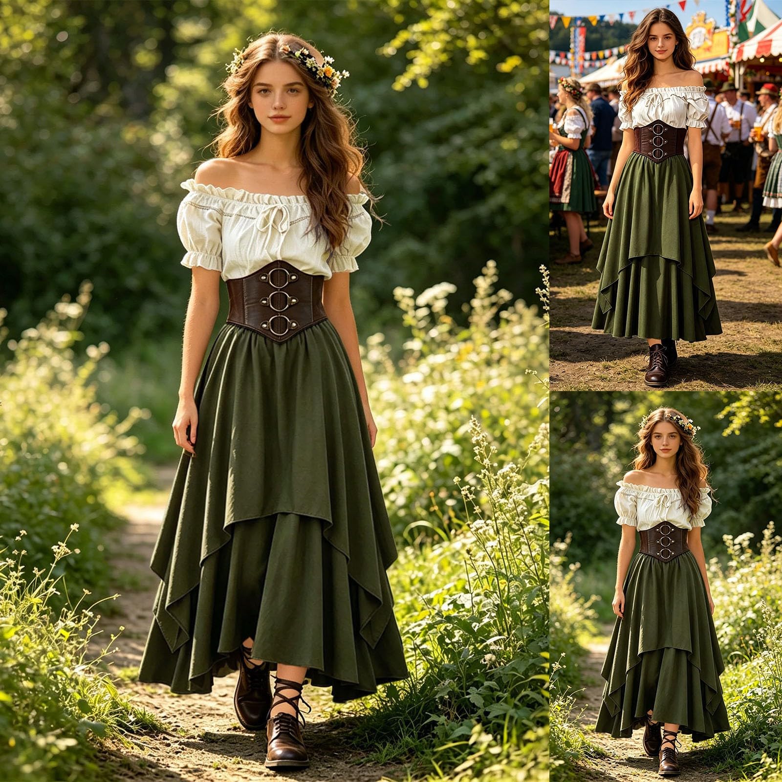 Abbigliamento medievale da donna, costume da pirata da donna, per cosplay, gonna asimmetrica, con maniche a lanterna, schiena scoperta, corsetto da pirata e gonna vichinga, outfit da pirata per