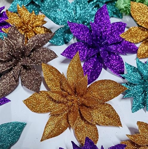 Miniatura 7 de YYCRAFT 12 flores artificiales de seda brillante con purpurina para decoración de árbol de Navidad (verde, 6 pulgadas)