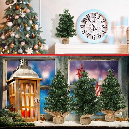Miniatura 6 de Paquete de 6 mini árbol de Navidad artificial, árbol de Navidad de pino en miniatura con base de lino para decoraciones de Navidad, interiores,