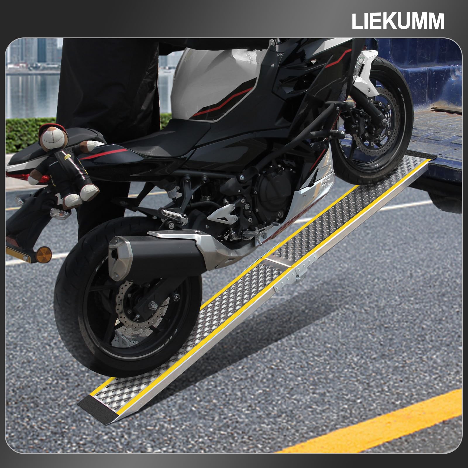 LIEKUMM Rampa di carico leggera per moto, 200 x 21,5 cm, pieghevole, in alluminio, per furgoni, portata 300 kg, antiscivolo, portatile, per E-bike, Dirt Bike, scooter, bici