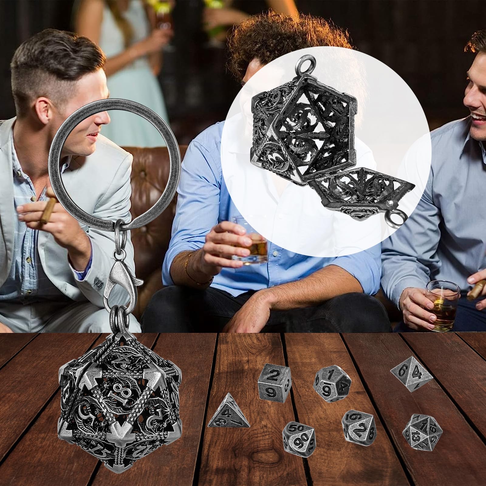 Mini Set di Dadi DND con Portachiavi Portatile, Collana, Catena da Tasca, Gabbia Metallica Vuota D20 Drago, Mini Set Poliédrici in Metallo da 7 Pezzi, Regali D&D con Scatola Regalo, Argento Scuro