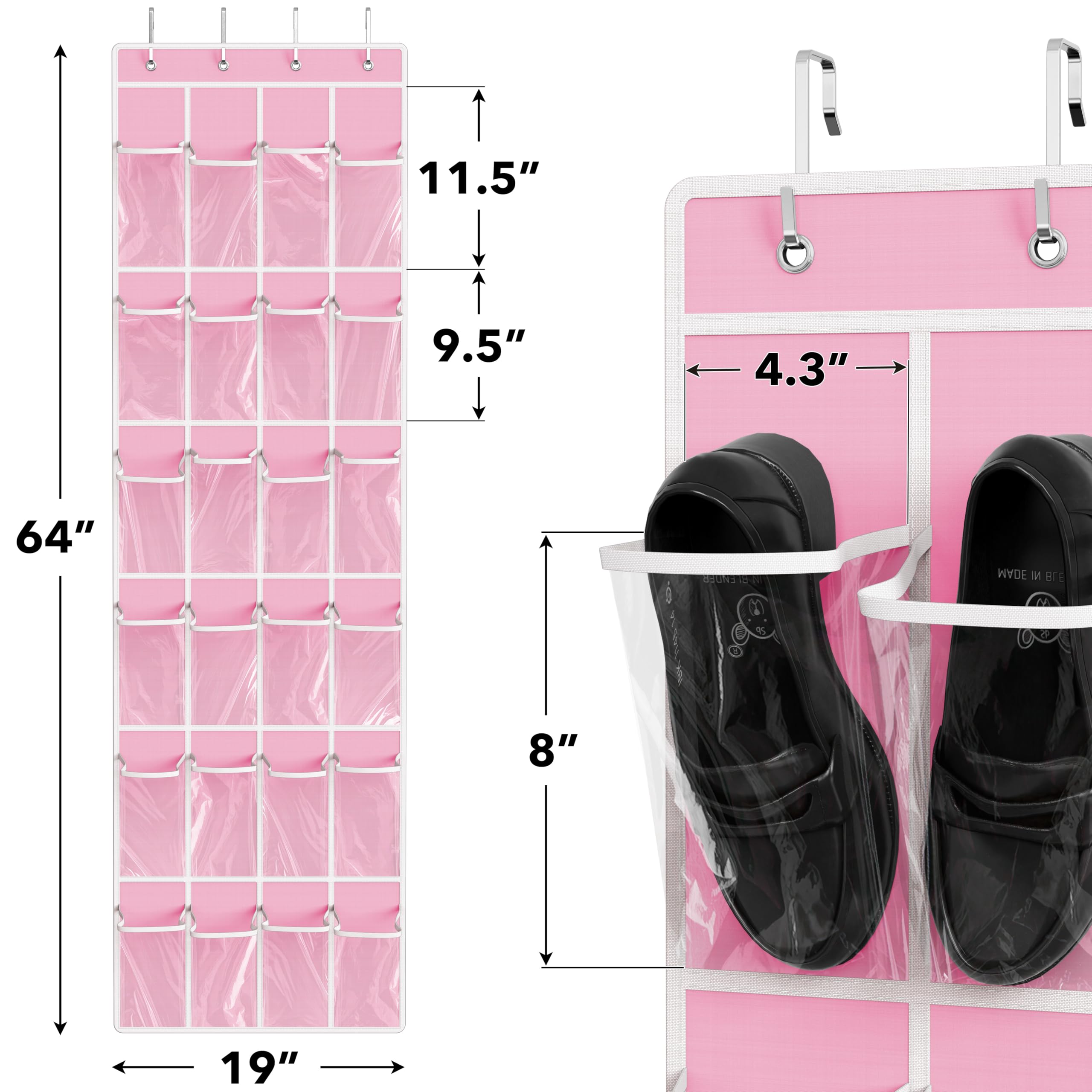 Organiseur De Chaussures Suspendu à La Porte - 24 Poches En Maille Respirante - Dimensions 147 X 53 Cm - Rose - Pour Tous Types De Chaussures - 11