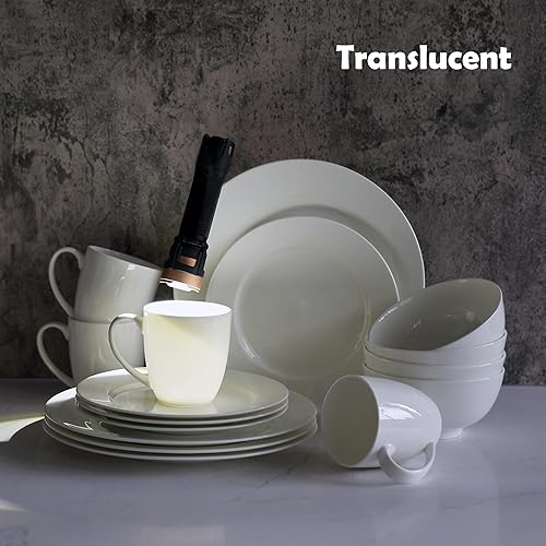 Miniatura 5 de Bone China - Juego de vajilla de 16 piezas, servicio para 4, blanco, apto para microondas, apto para lavavajillas, resistente a las astillas,