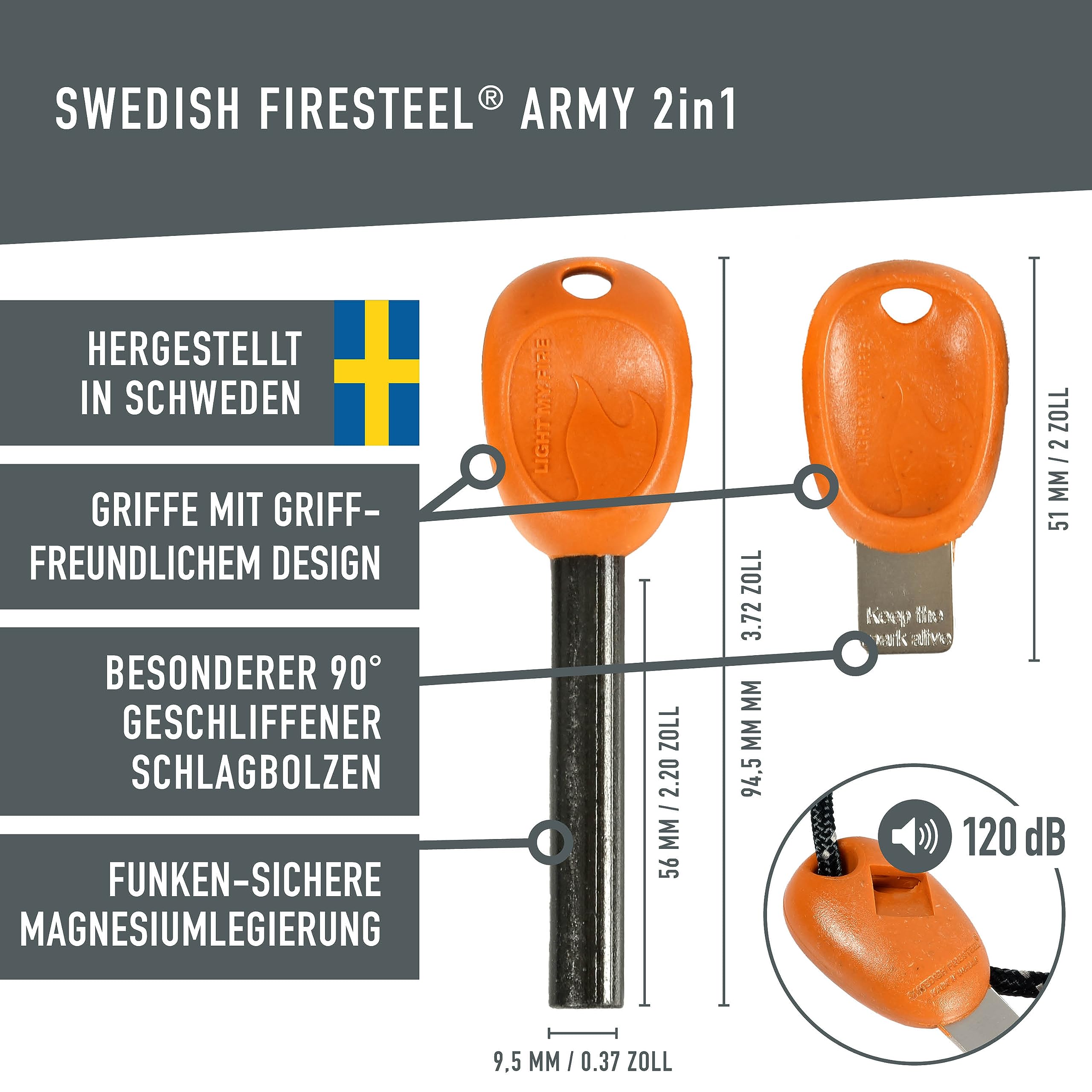 LIGHT MY FIRE Feuerstahl Outdoor Army, 10 mm, 12000 Zündungen, 2-in-1 mit Notfallpfeife, Feuerstahl XXL Survival Gadget Feuerstein Feuerzeug, Ewiges Streichholz mit Bio-basierter Kunststoffgriff