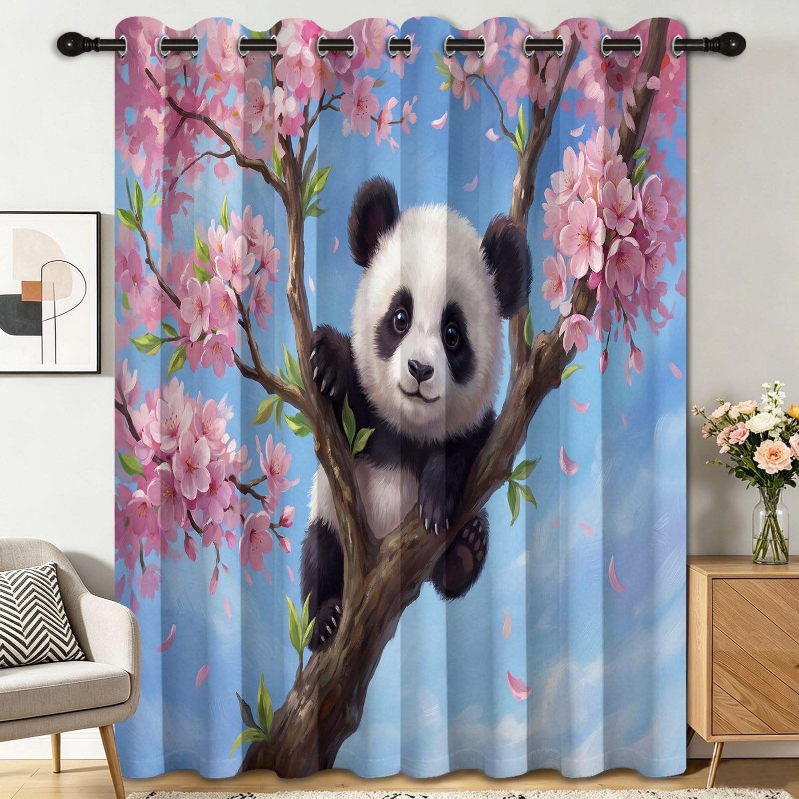 Śliczne kreskówkowe zasłony zaciemniające 117 l x 230 cm Zestaw 2 zasłon zaciemniających Panda, wiśnia, błękitne niebo, nieprzejrzysta zasłona z oczkami, do salonu i sypialni
