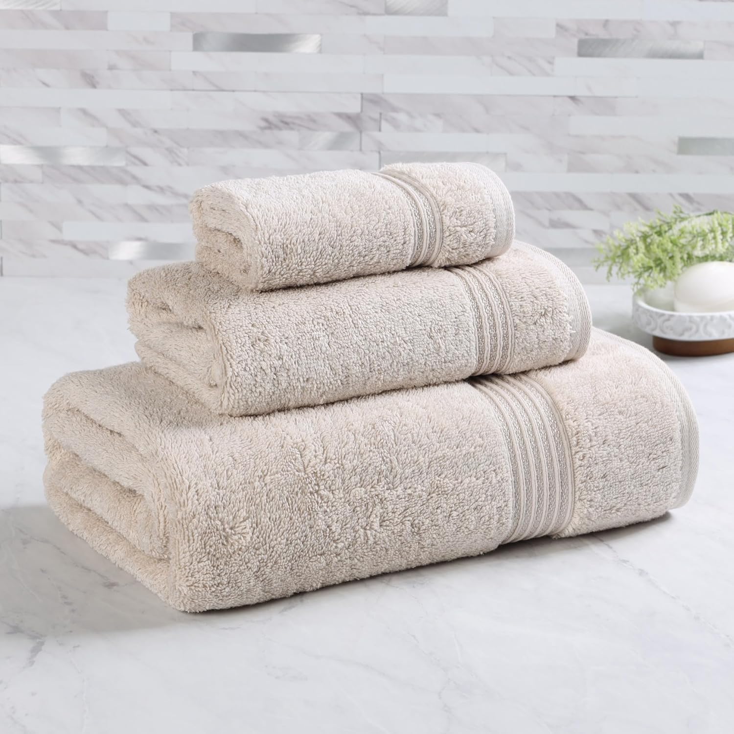 Superior Egyptian Cotton 3-Piece Towel Set, Assorted Towels for Home Bathroom, Master, Guest Bath, Decor Essentials, Includes 1 Bath, 1 Hand, 1 Face Towel/Washcloth, Quick Dry, Absorbent, Stone